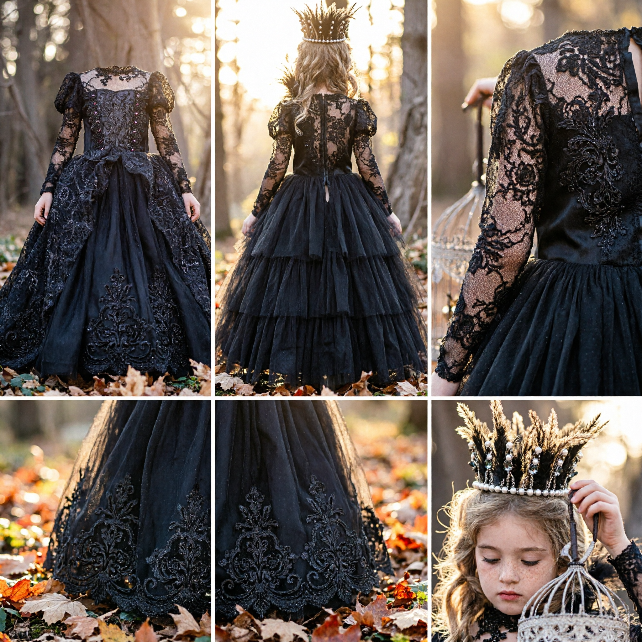 Kids Dark Fantasy Black Lace Ballgown Dress Gothic Princess Halloween Party Costume with Crown