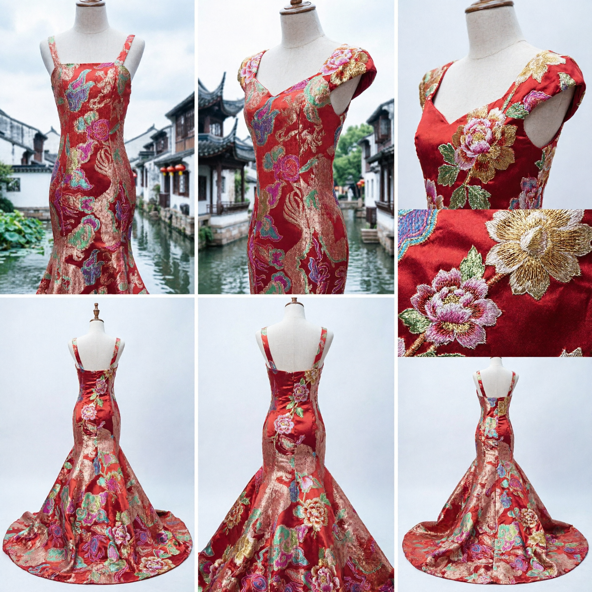 Luxury Red Chinese Dragon Phoenix Wedding Dress Traditional Brocade Mermaid Evening Gown for Women