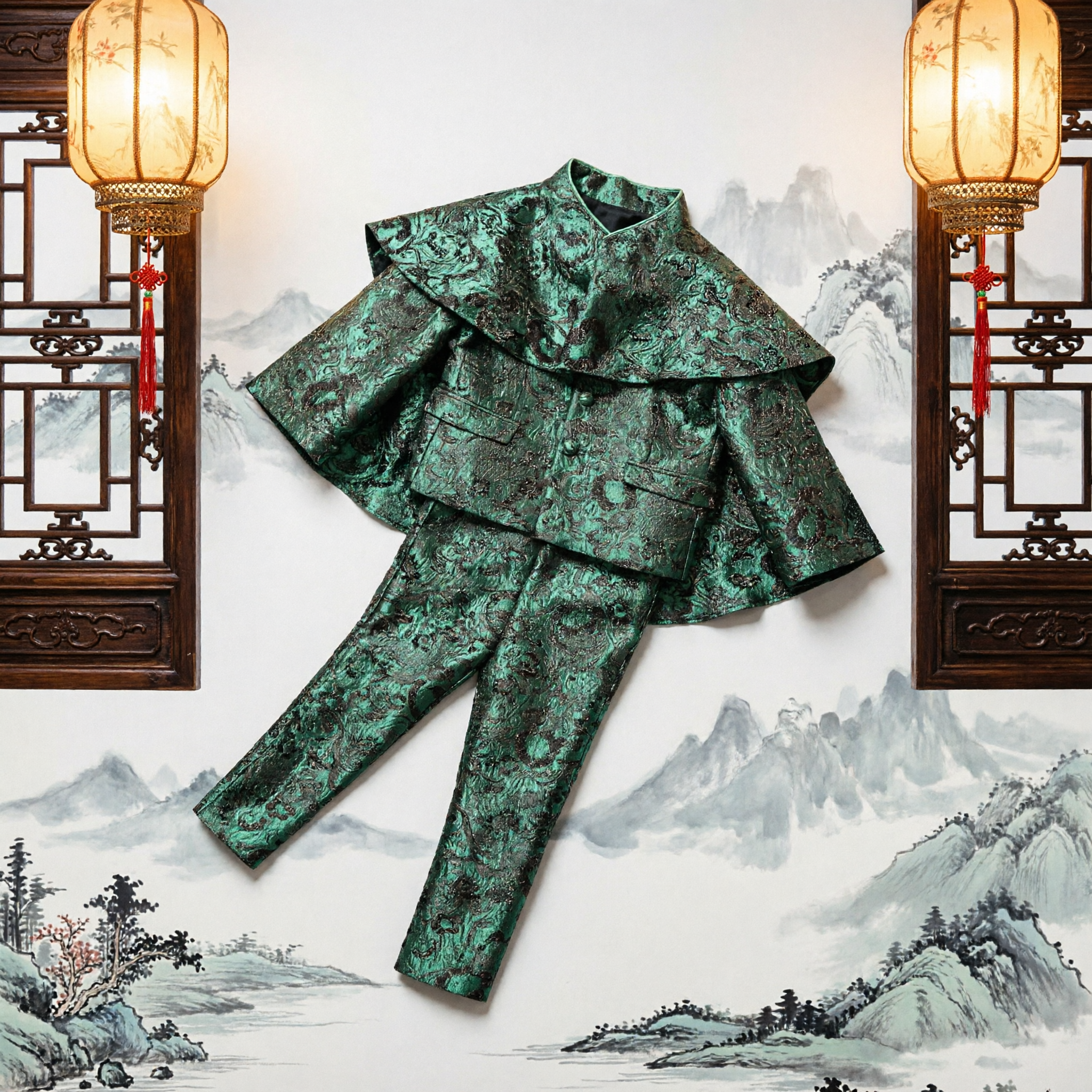 Men's Emerald Green Dragon Brocade Tang Suit Traditional Chinese Wedding Jacket and Pants Set for Grooms