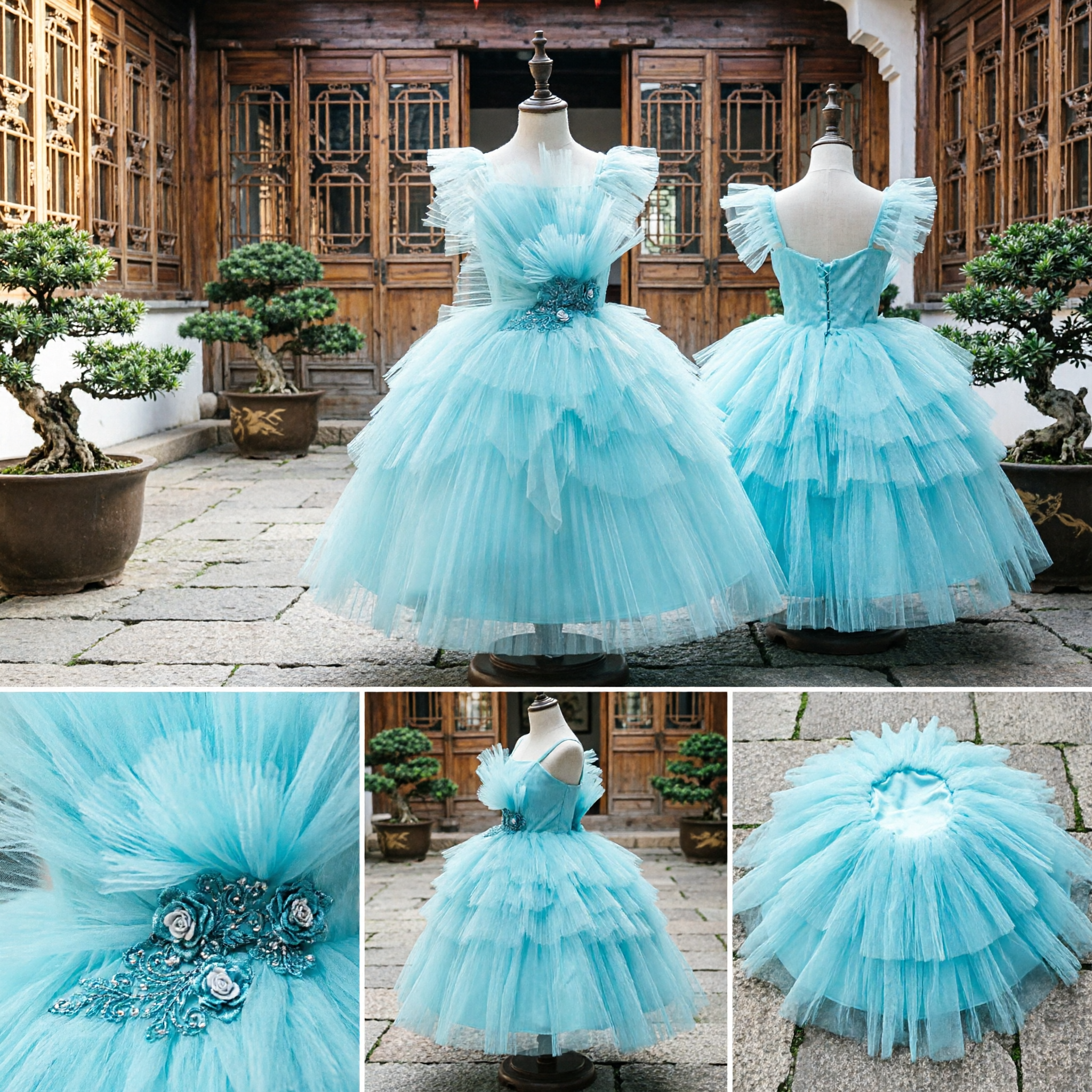 Elegant Light Blue Tulle Ball Gown Flower Girl Dress with Ruffled Bodice for Wedding Party Pageant