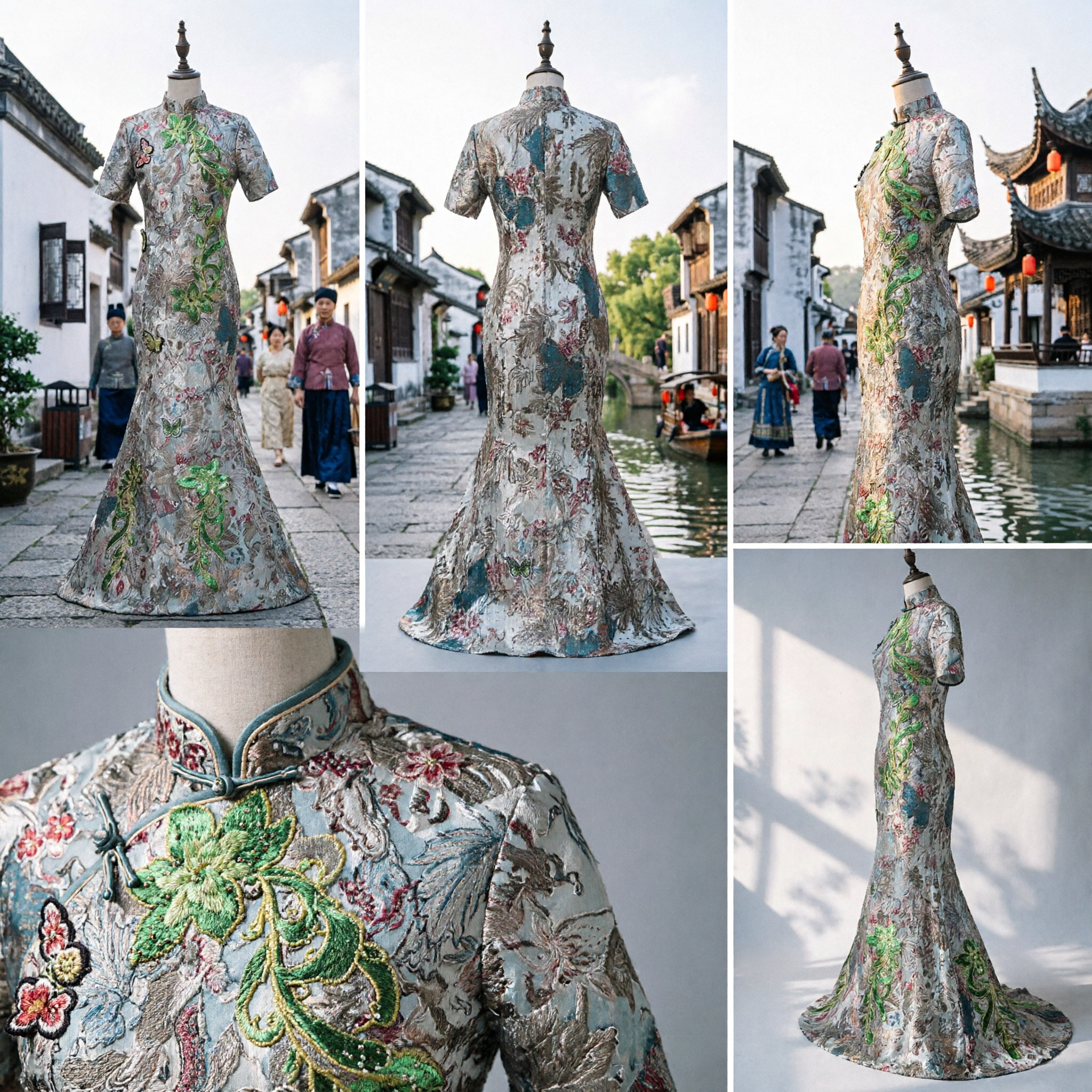 Traditional Chinese Floral Embroidery Cheongsam Dress Women Fishtail Qipao Formal Wedding Evening Gown
