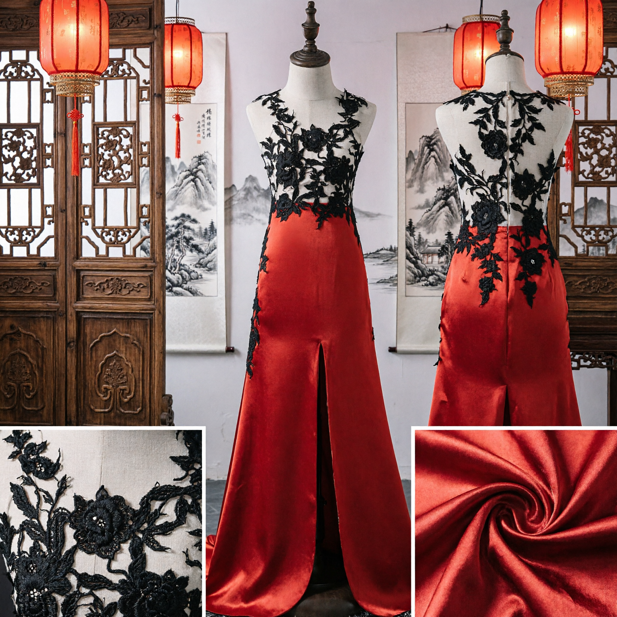 Women's Red Satin Evening Gown with Black Floral Lace Bodice Formal Stage Performance Dress
