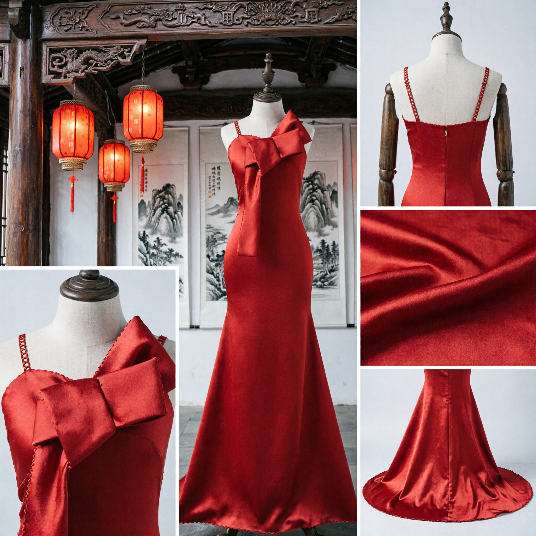 Elegant Red Satin Mermaid Evening Gown with Large Bow Knot Formal Wedding Party Dress for Women