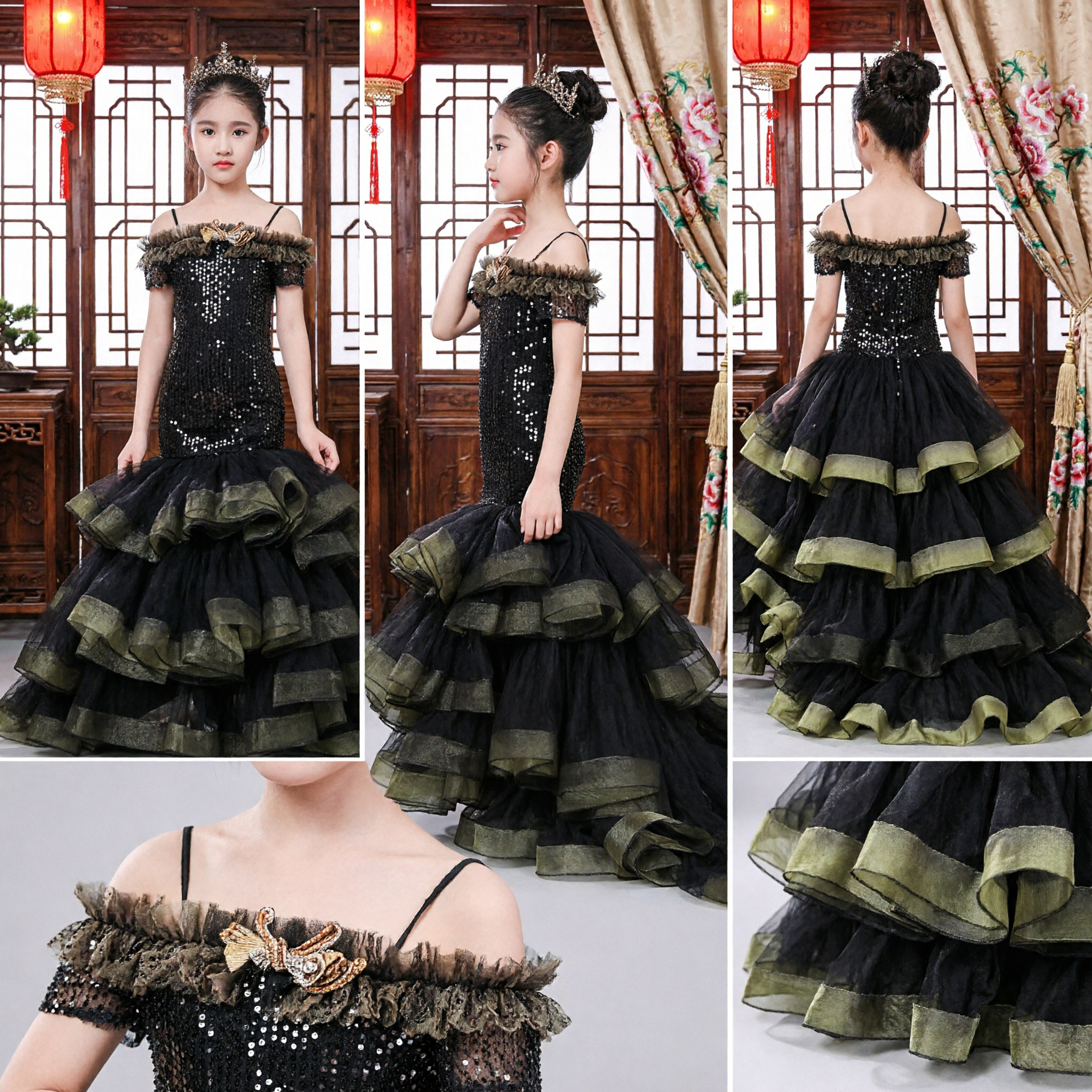Girls Black Sequin Mermaid Pageant Dress with Off-Shoulder Feather Trim and Tiered Tulle Skirt
