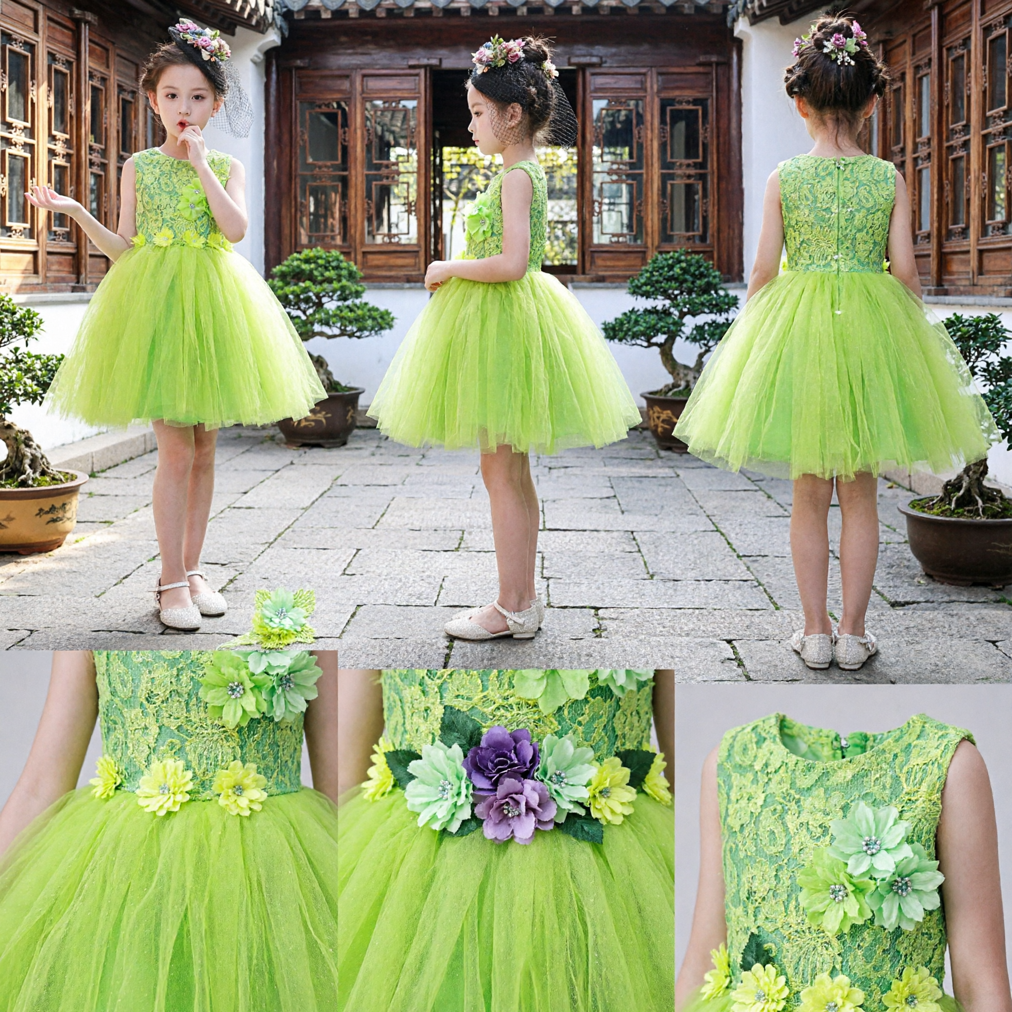 Girls Lime Green Lace Bodice Tulle Ball Gown Dress for Weddings Parties and Stage Performances