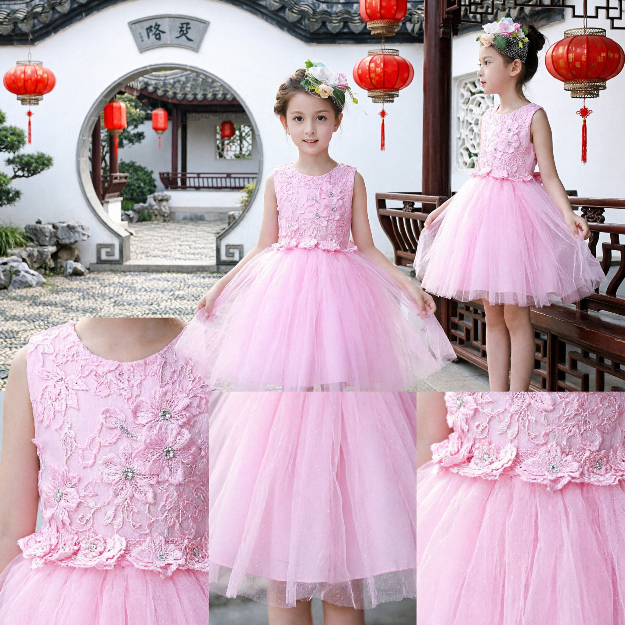 Elegant Pink Lace Flower Girl Dress with 3D Floral Applique and Tulle Tutu Skirt for Wedding Parties