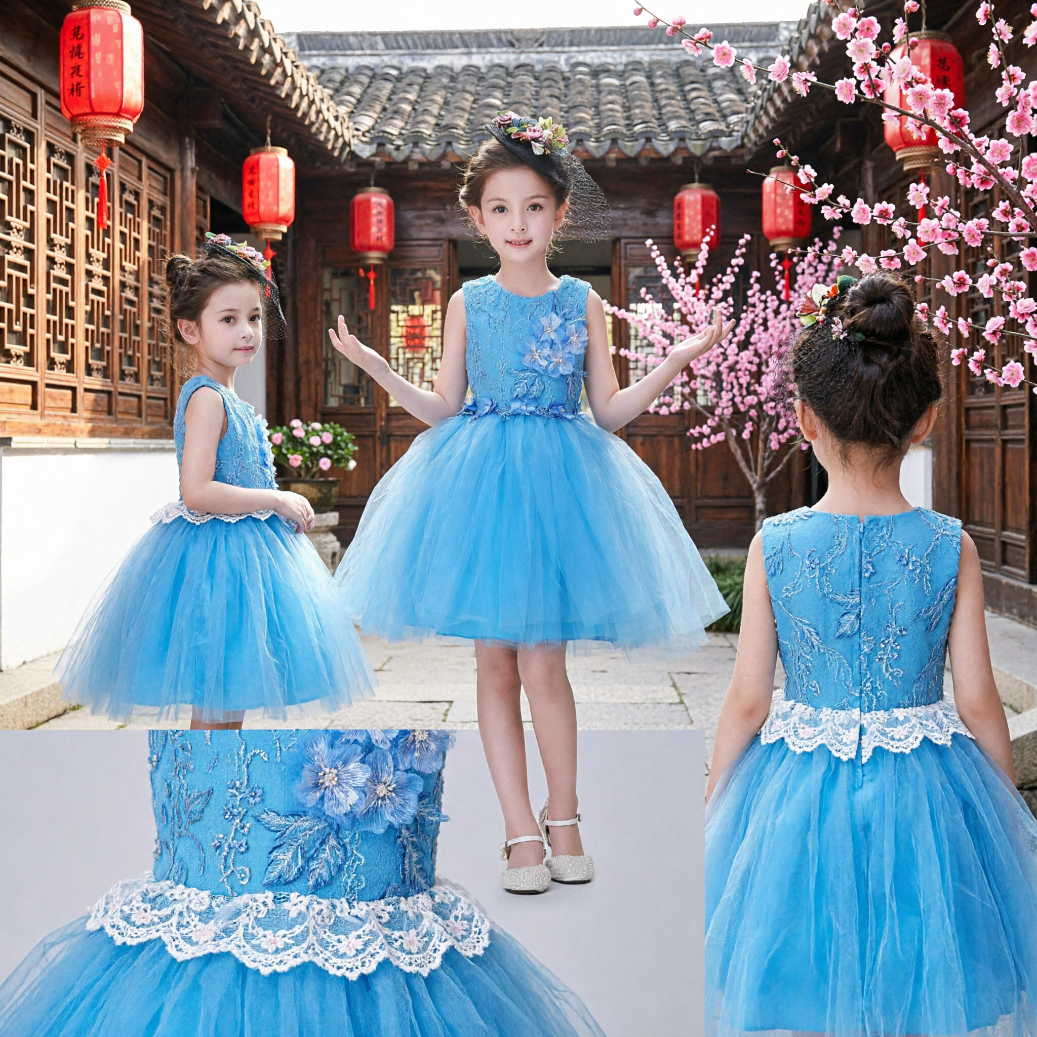 Girls Blue Lace Floral Applique Tulle Ball Gown Princess Dress for Kids Wedding Party Performance