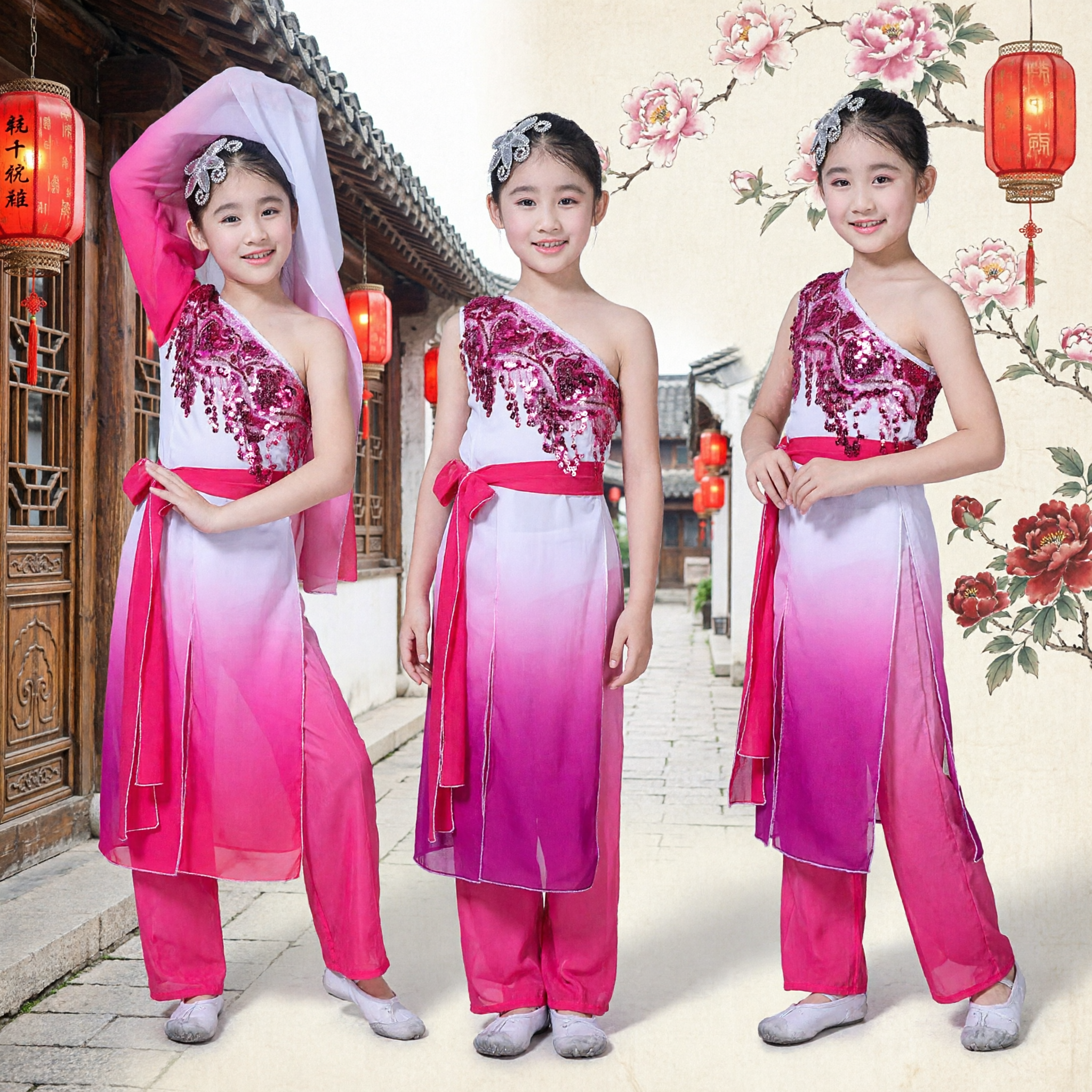 Kids Girls Chinese Traditional Dance Costume Pink Yangge Fan Silk Ribbon Stage Performance Outfit