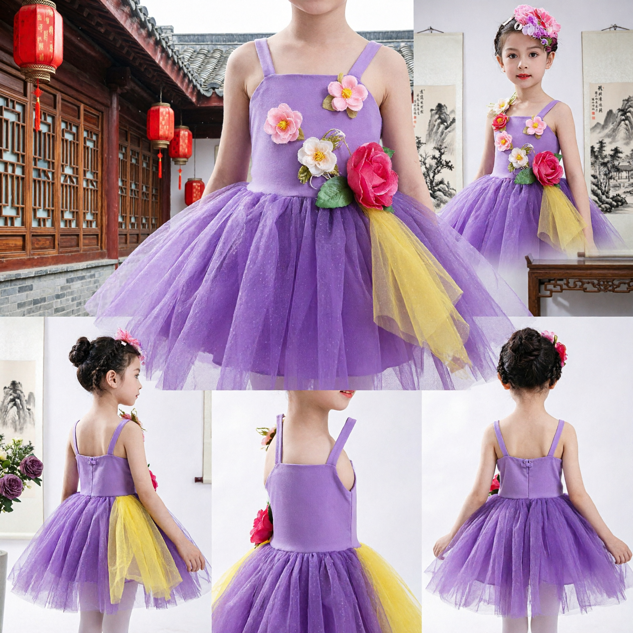 Kids Girls Purple Floral Ballet Tutu Dress Stage Performance Costume with Flower Headpiece Set