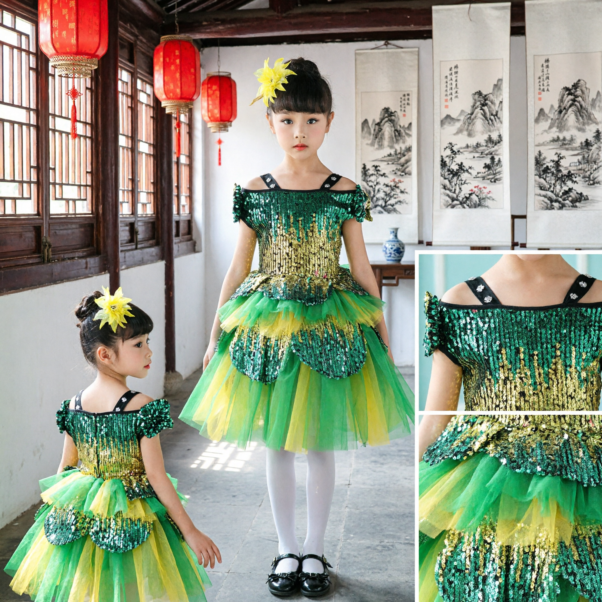 Girls Green Sequin Latin Dance Dress Kids Stage Performance Tutu Costume Ballroom Competition Outfit