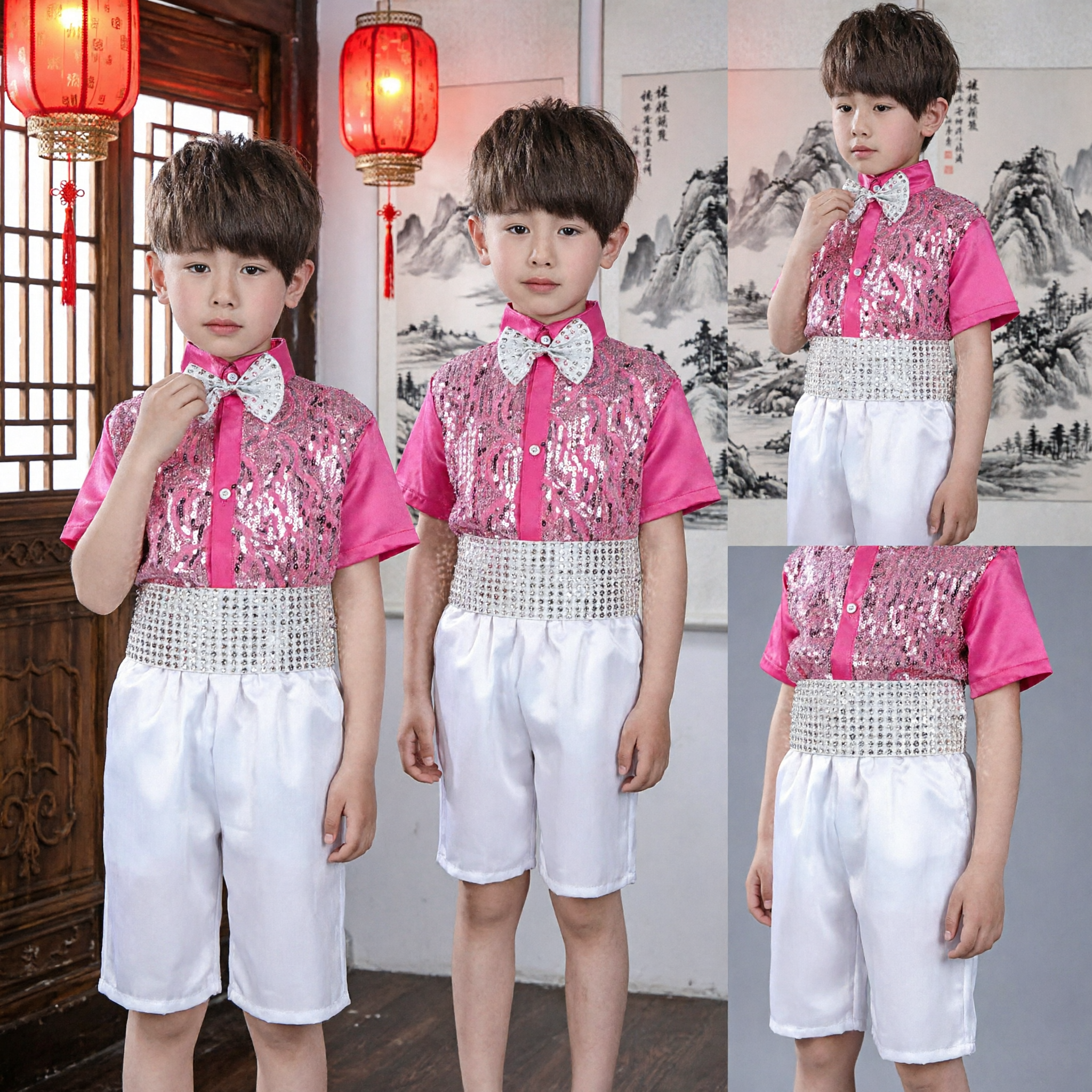 Boys Pink Sequin Stage Performance Costume Set with Bow Tie and White Shorts for Dance Choir