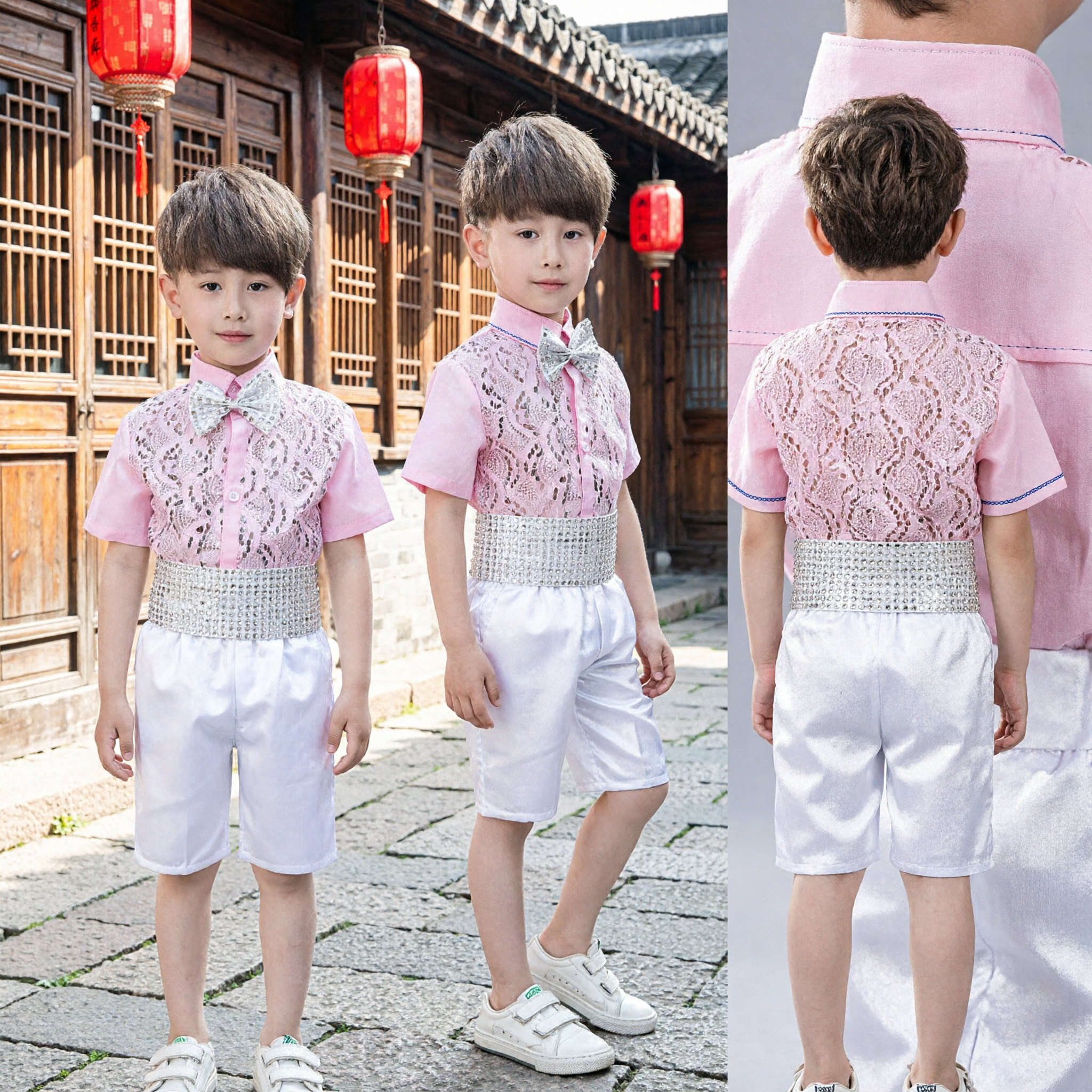 Boys Pink Sequin Performance Costume Set Short Sleeve Shirt Shorts Stage Dance Choir Outfit