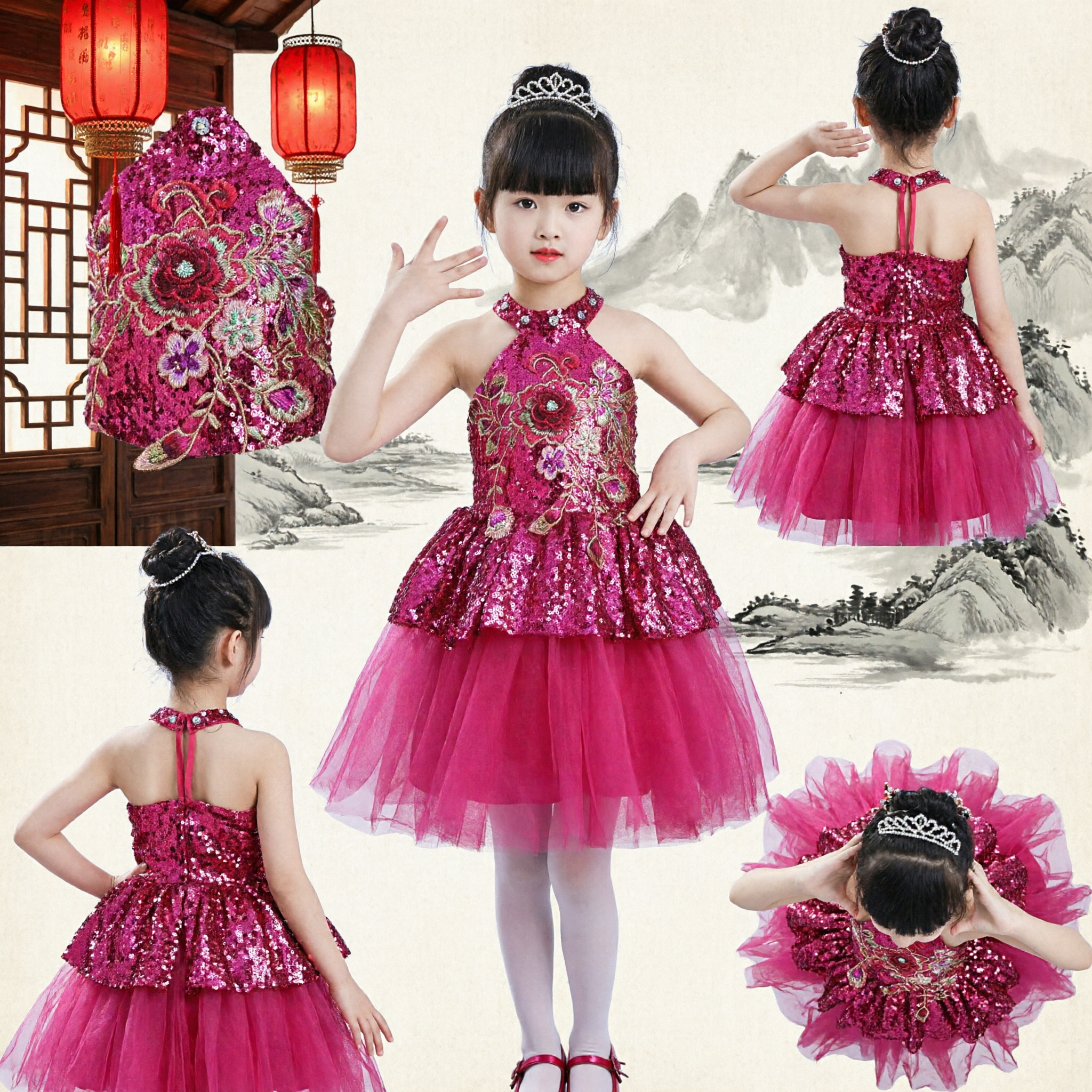 Girls Pink Sequin Halter Performance Dress with Floral Embroidery for Traditional Chinese Folk Dance and Stage