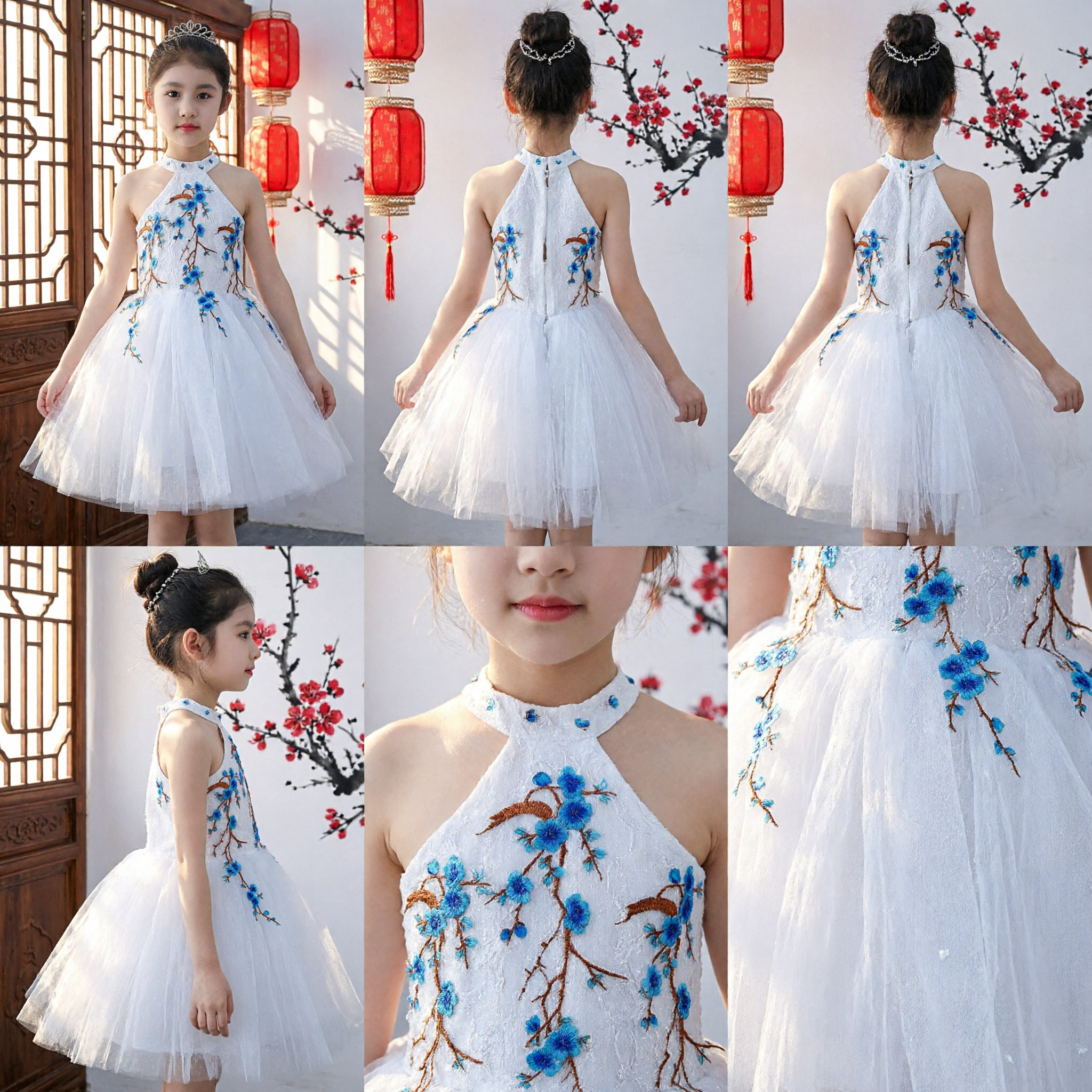 Elegant White Halter Tulle Dress for Girls Blue Floral Embroidery Chinese Style Flower Girl Party Gown