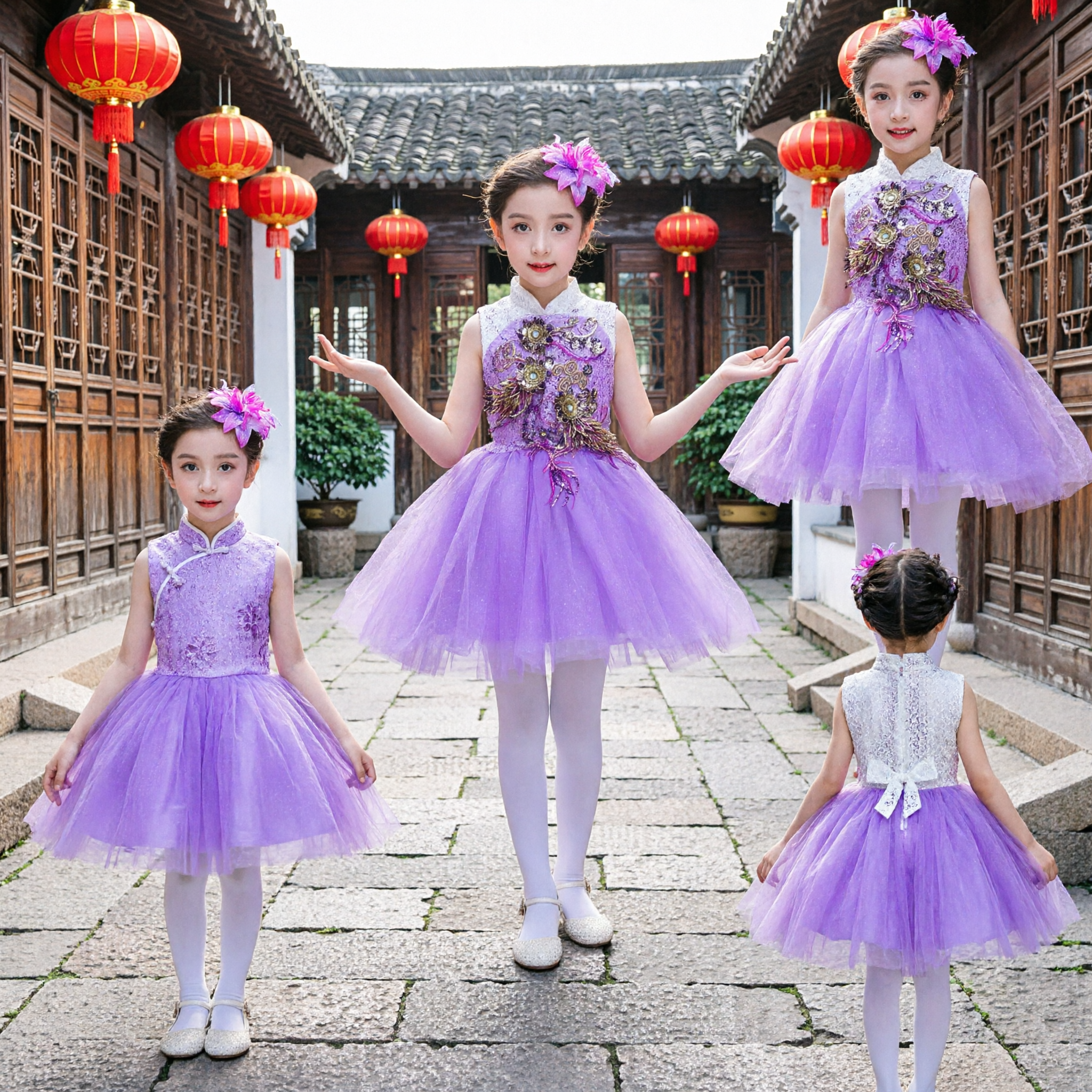 Girls Purple Chinese Qipao Tutu Dress with Gold Embroidery for Stage Performance and Special Occasions
