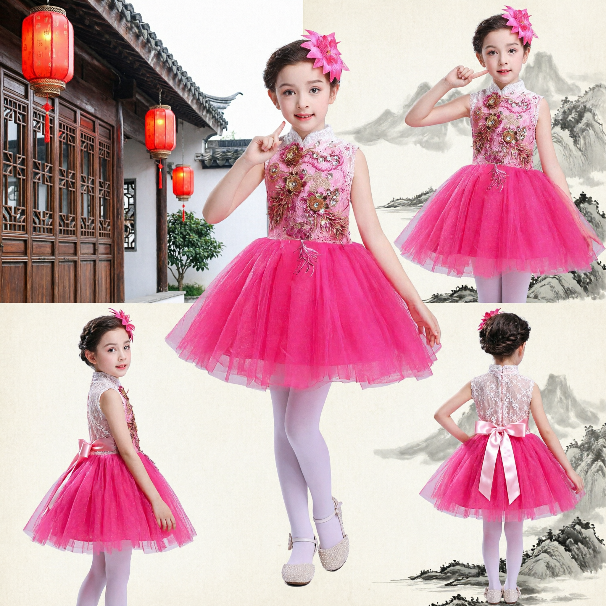 Kids Girls Pink Chinese Cheongsam Tutu Dress Embroidered Qipao Top Stage Performance Costume