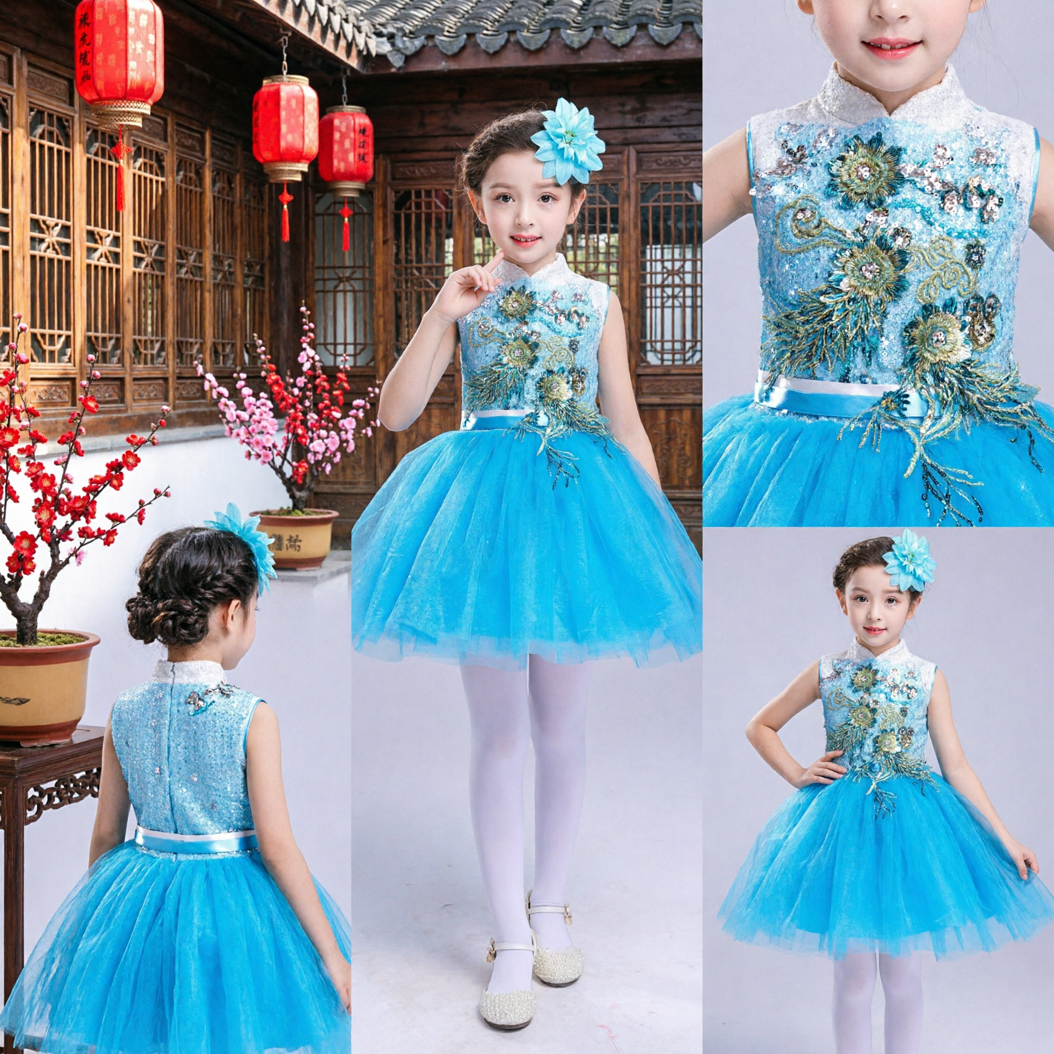 Girls Blue Cheongsam Tutu Dress Embroidered Sequin Top Tulle Skirt Stage Performance Party Costume