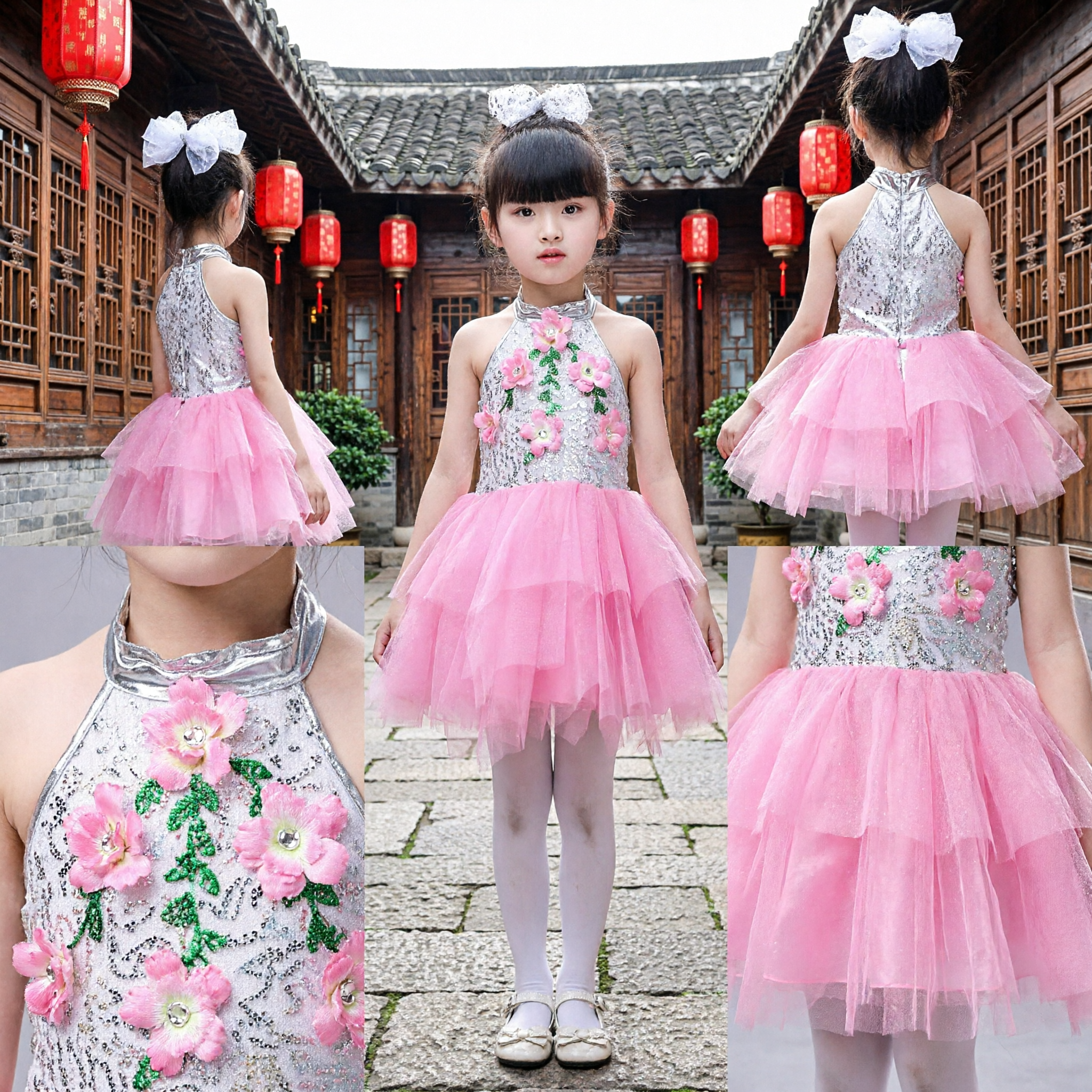 Girls Pink Floral Sequin Halter Ballet Tutu Dress Modern Dance Stage Performance Costume for Kids