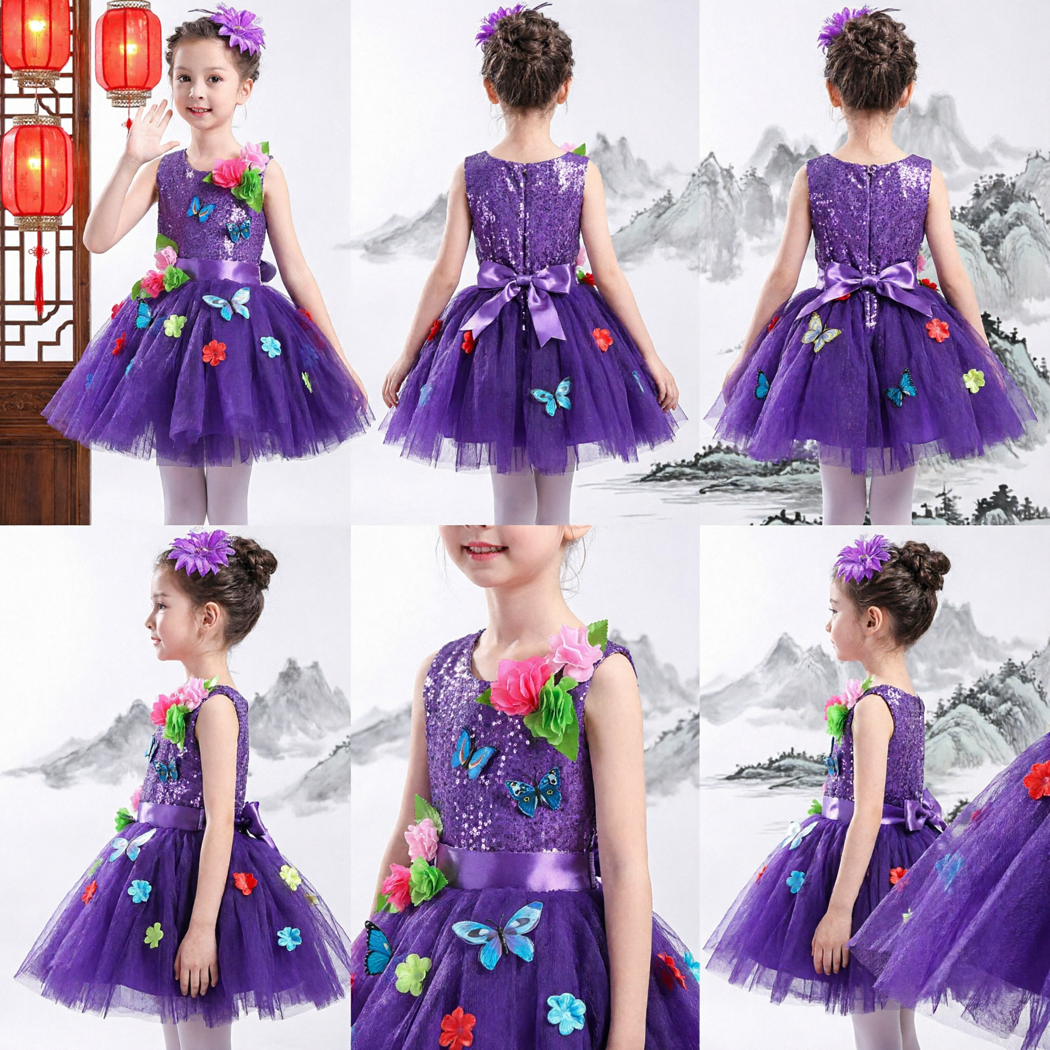 Girls Purple Sequin Butterfly Floral Tutu Dress Kids Stage Performance Party Dance Costume