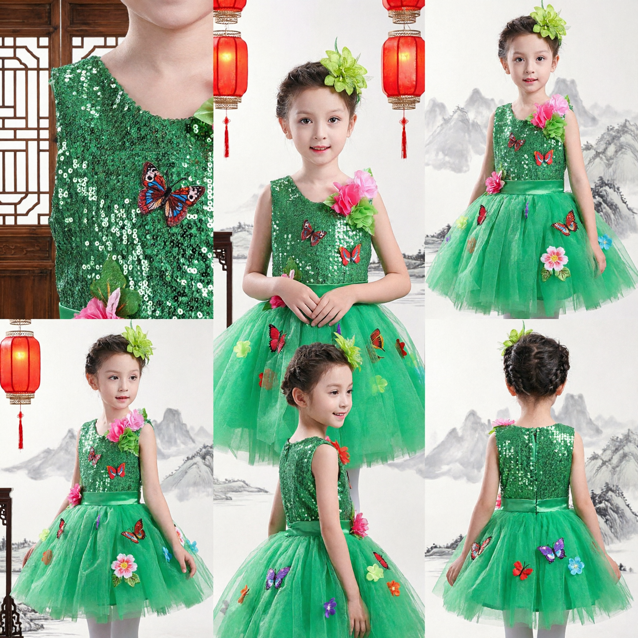 Girls Green Sequin Butterfly Dress with Tulle Skirt and Flower Headpiece for Stage Dance Performance