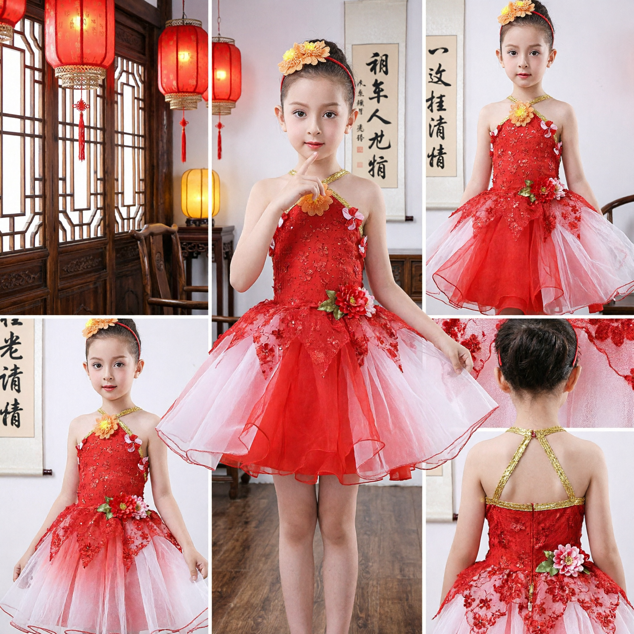 Girls Red Floral Sequin Halter Tutu Dress for Stage Dance Performance and Recital Costume