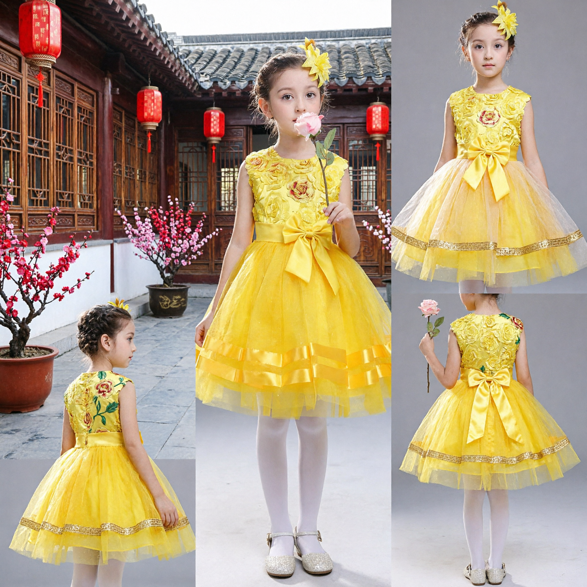 Girls Yellow Floral Tulle Dress with Bow for Wedding Flower Girl Party Performance Costume