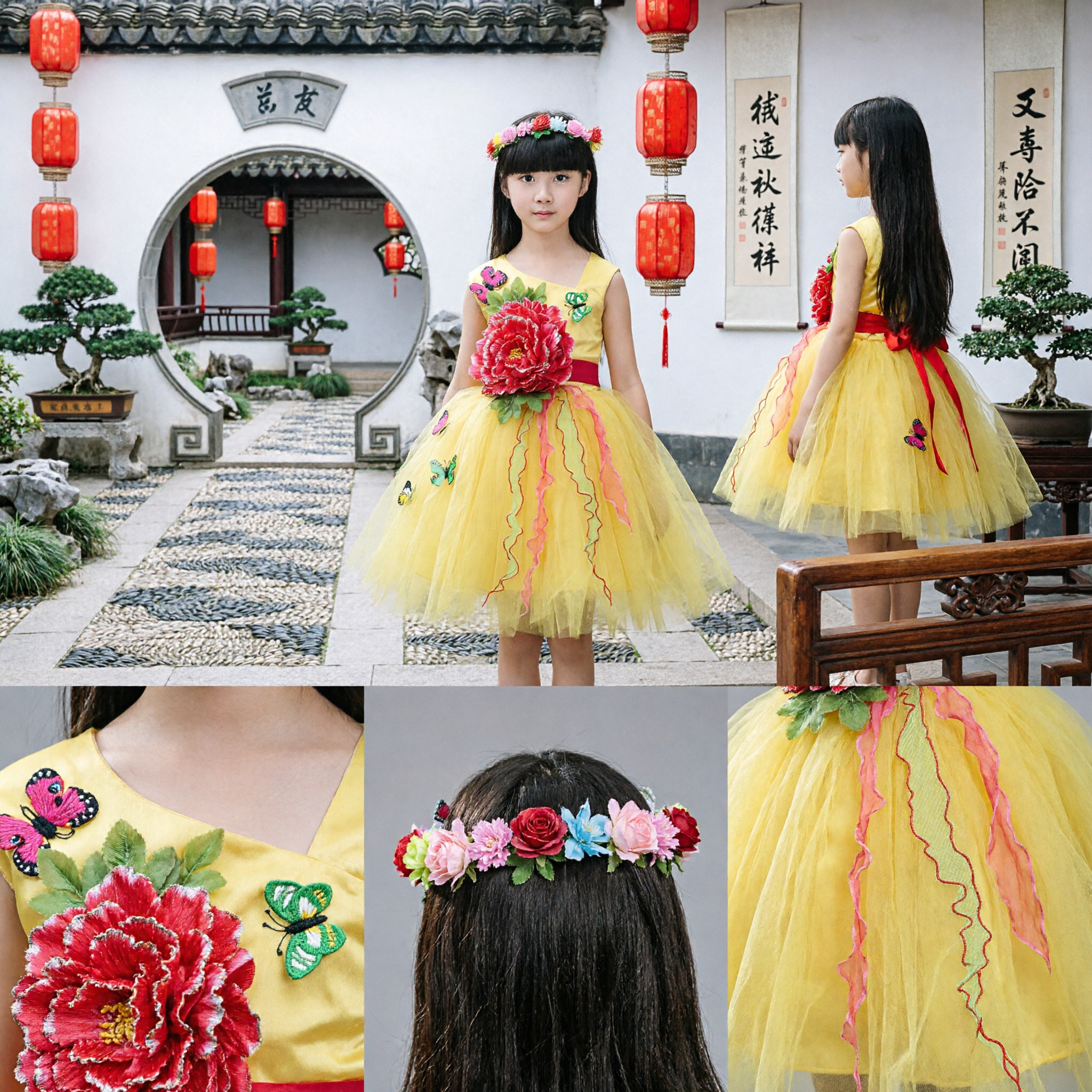 Girls Yellow Tutu Dress with Large Flower and Butterflies for Children Stage Dance Performance Costume