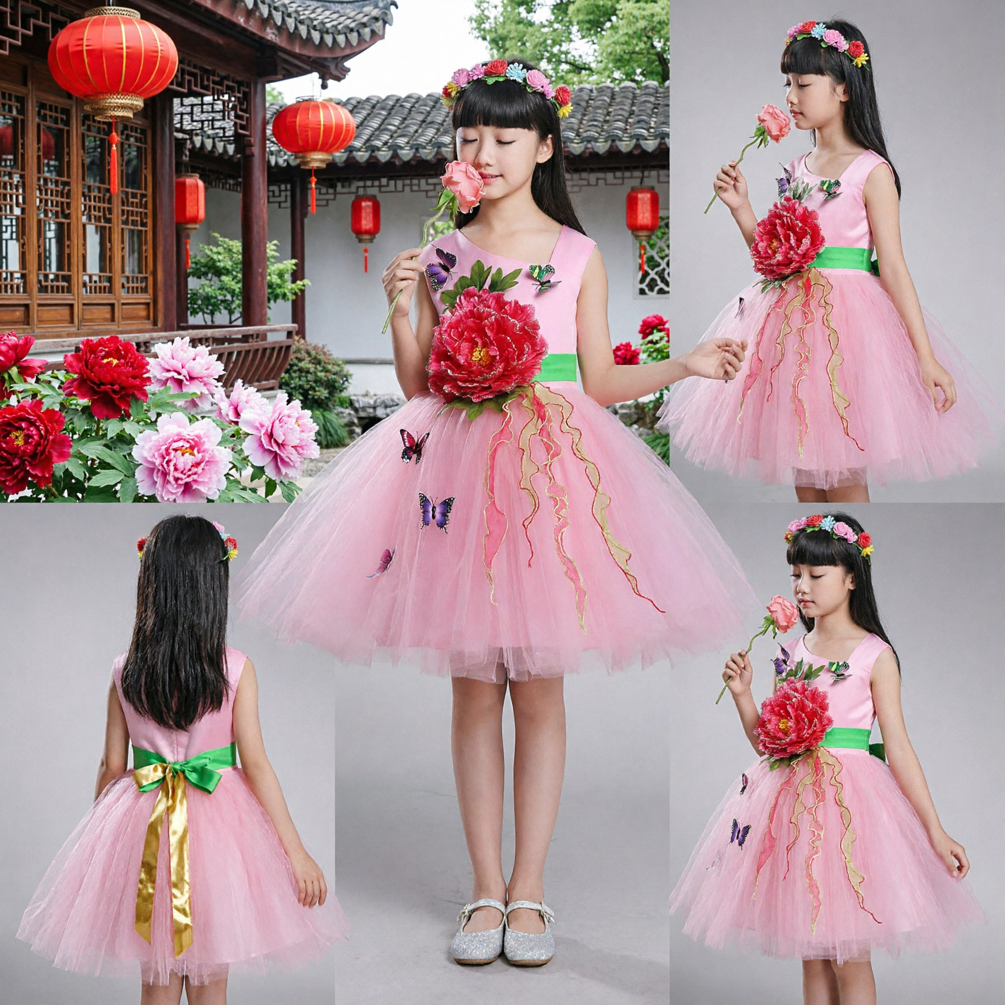 Kids Pink Flower Fairy Costume Butterfly Embroidered Tulle Tutu Dress for Stage Dance Recital Performance