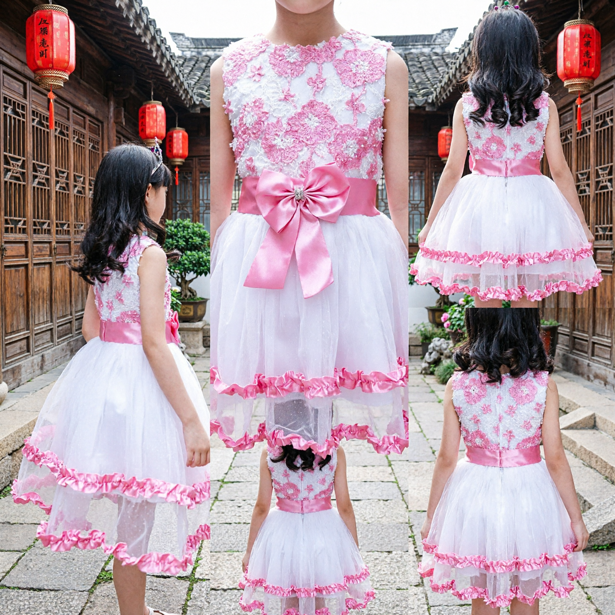 Girls Pink and White Floral Lace Princess Dress with Tulle Skirt for Wedding Flower Girl Party