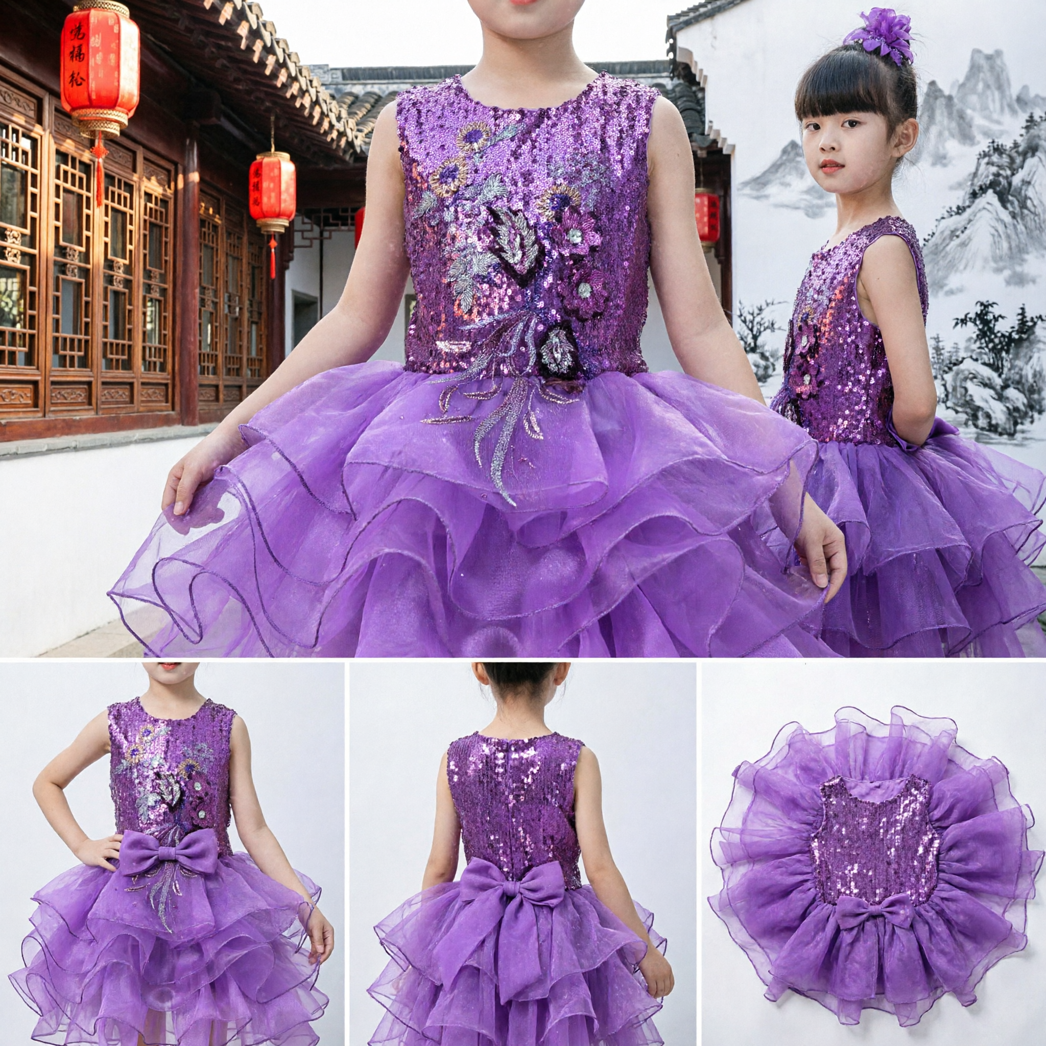 Kids Girls Purple Sequin Dress Stage Performance Costume Ruffled Tutu Skirt for Dance Recital Party