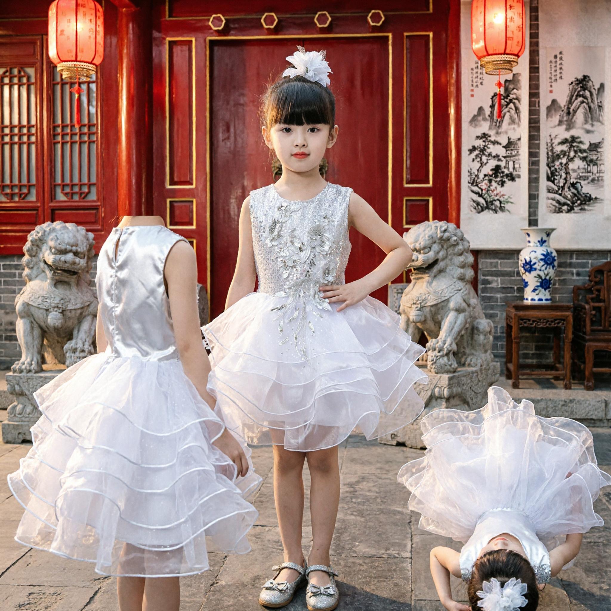 Girls White Sequin Floral Princess Dress Layered Tulle Skirt Wedding Flower Girl Party Gown