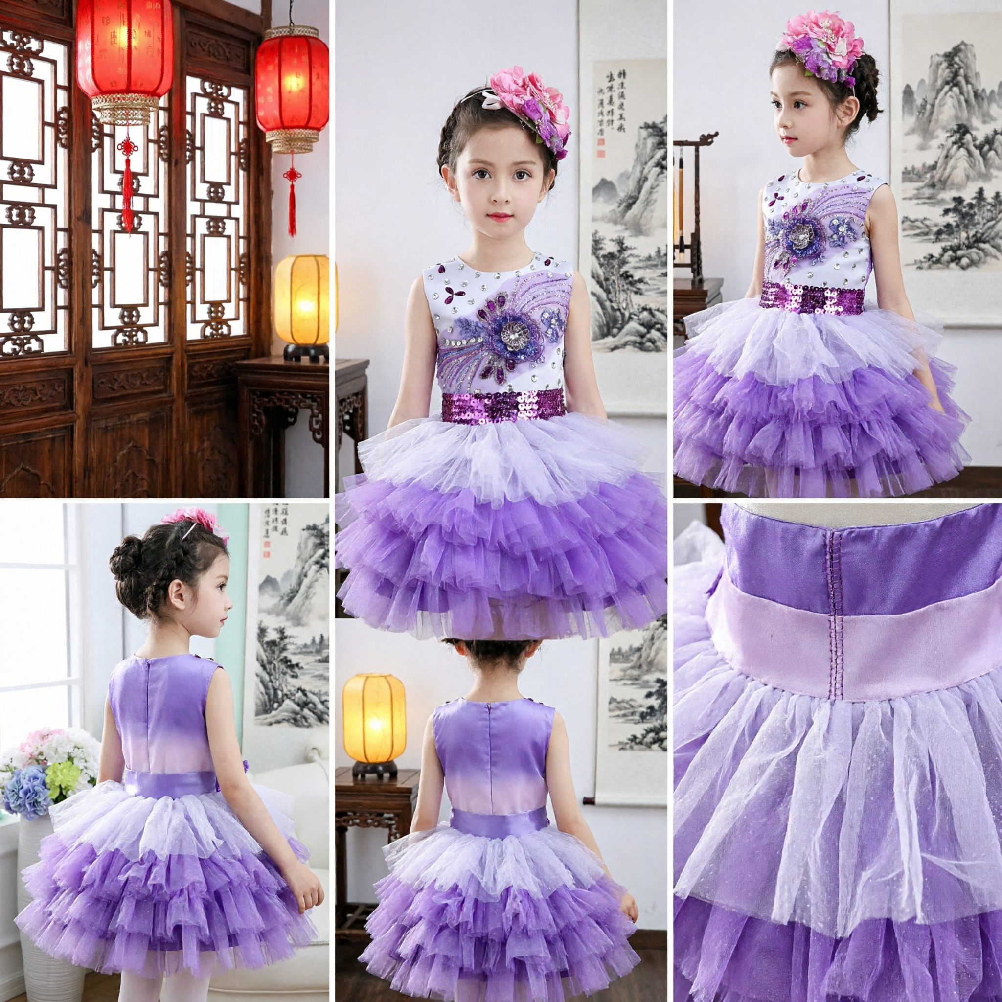 Girls Purple Tulle Ball Gown Dress Sleeveless Rhinestone Bodice Flower Girl Wedding Party Performance Costume