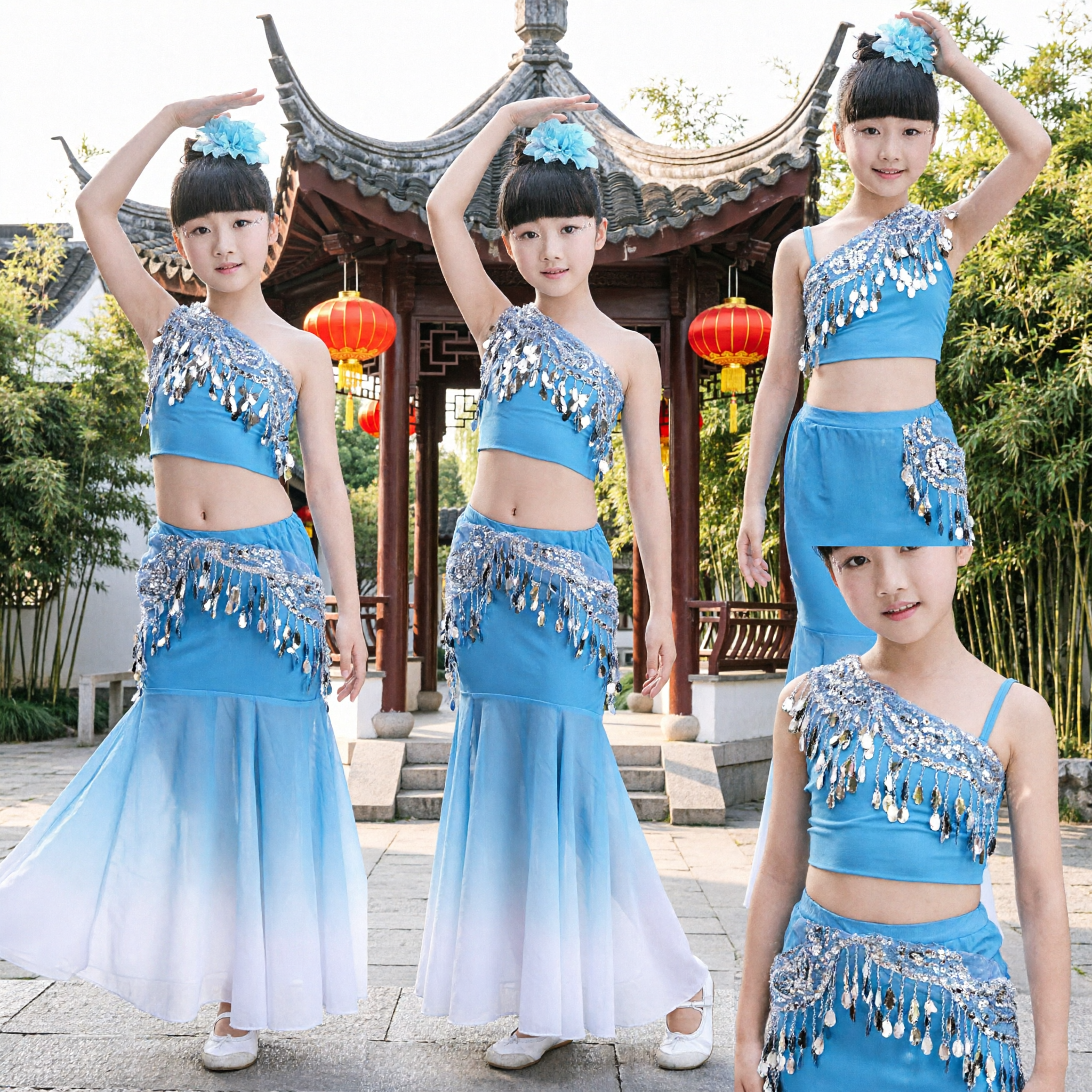 Kids Girls Blue Dai Ethnic Dance Costume Sequined Belly Dance Top Gradient Long Skirt Stage Performance Wear