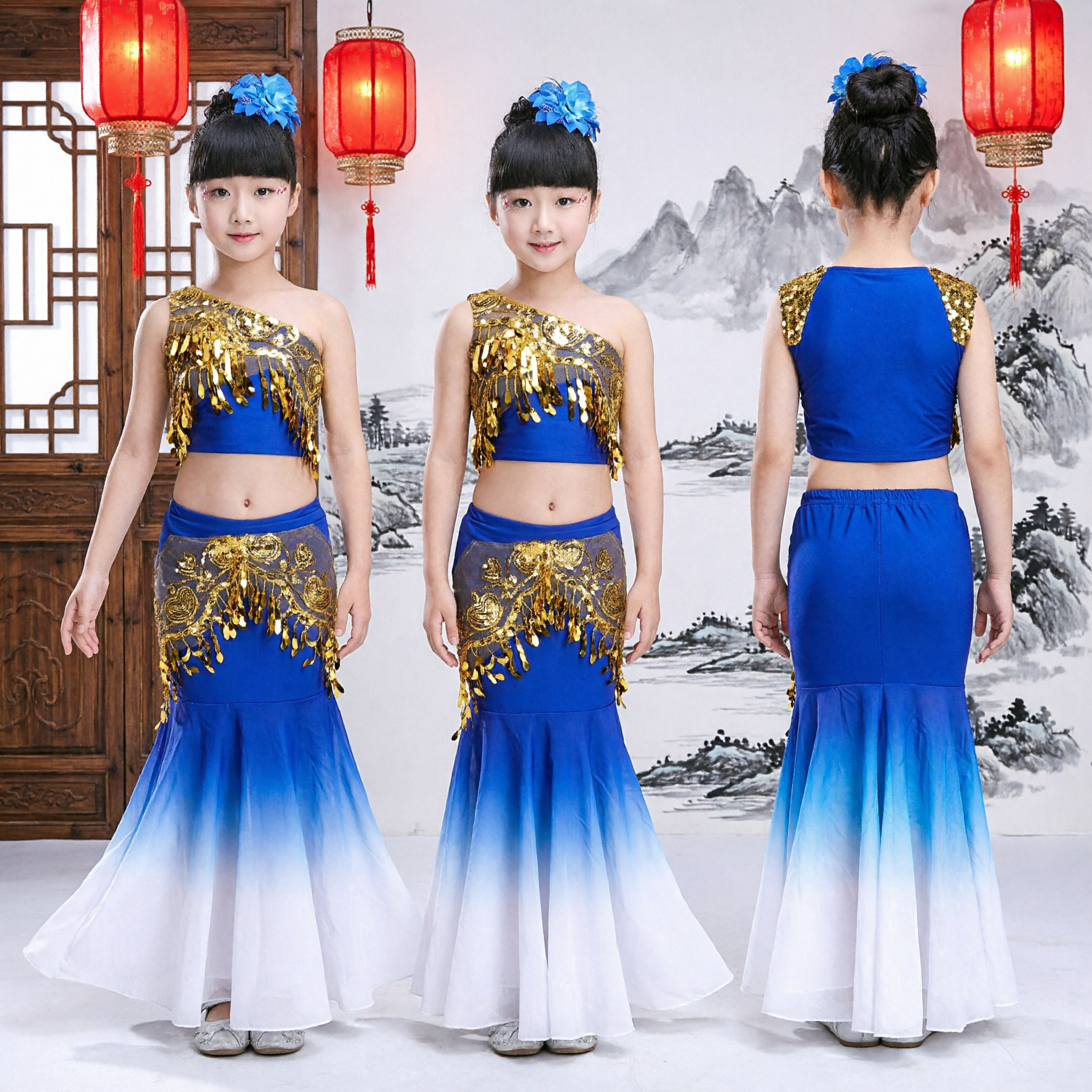 Traditional Chinese Dai Peacock Dance Costume Girls Blue Gold Sequin Top Fishtail Skirt Kids Stage Performance Outfit