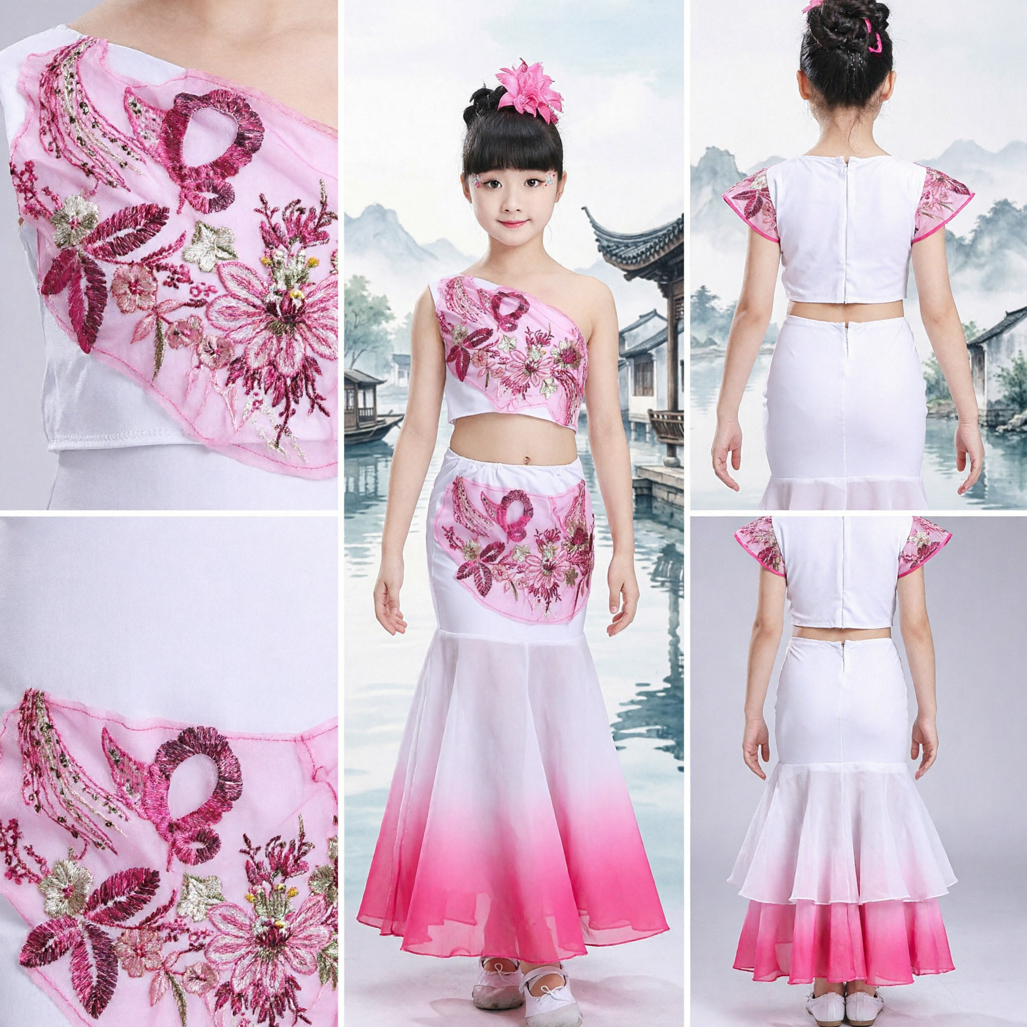 Girls Pink Chinese Yangge Dance Costume Kids Folk Fan Dance Performance Outfit with Mermaid Skirt