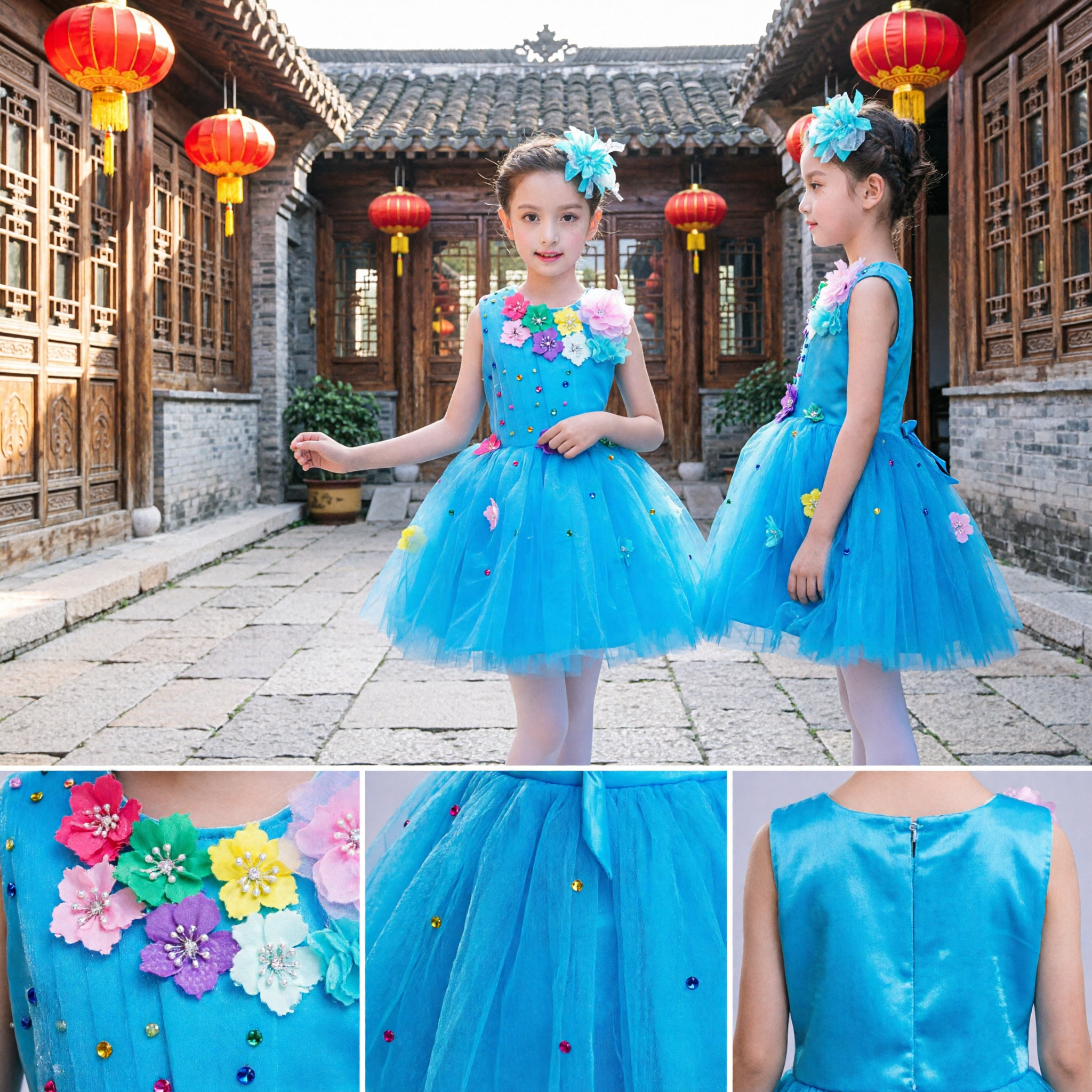 Girls Blue Tulle Tutu Dress with Colorful Flowers for Stage Performance and Dance Recital Costume