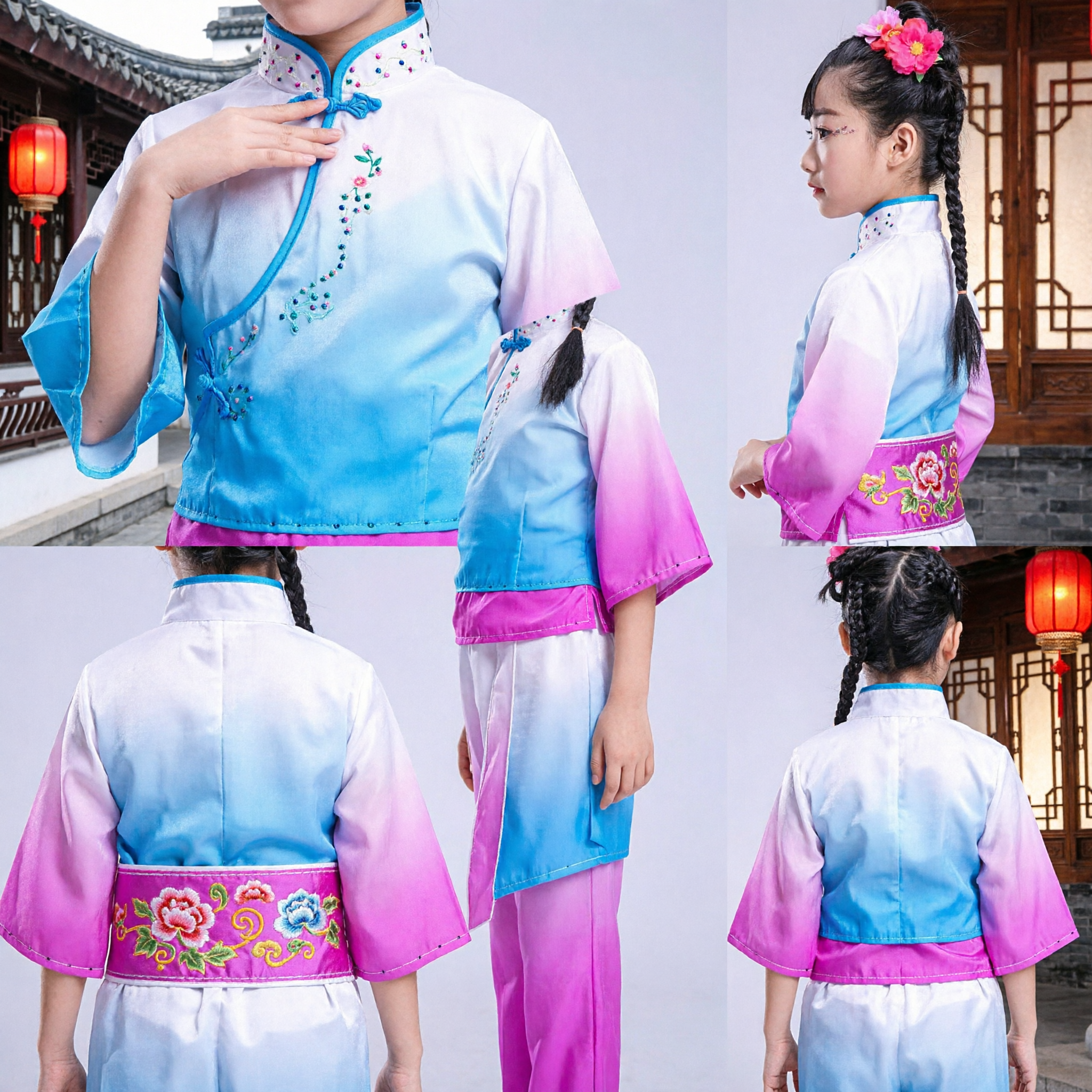 Chinese Traditional Folk Dance Costume for Kids Girls Gradient Blue Pink Umbrella Dance Performance Outfit