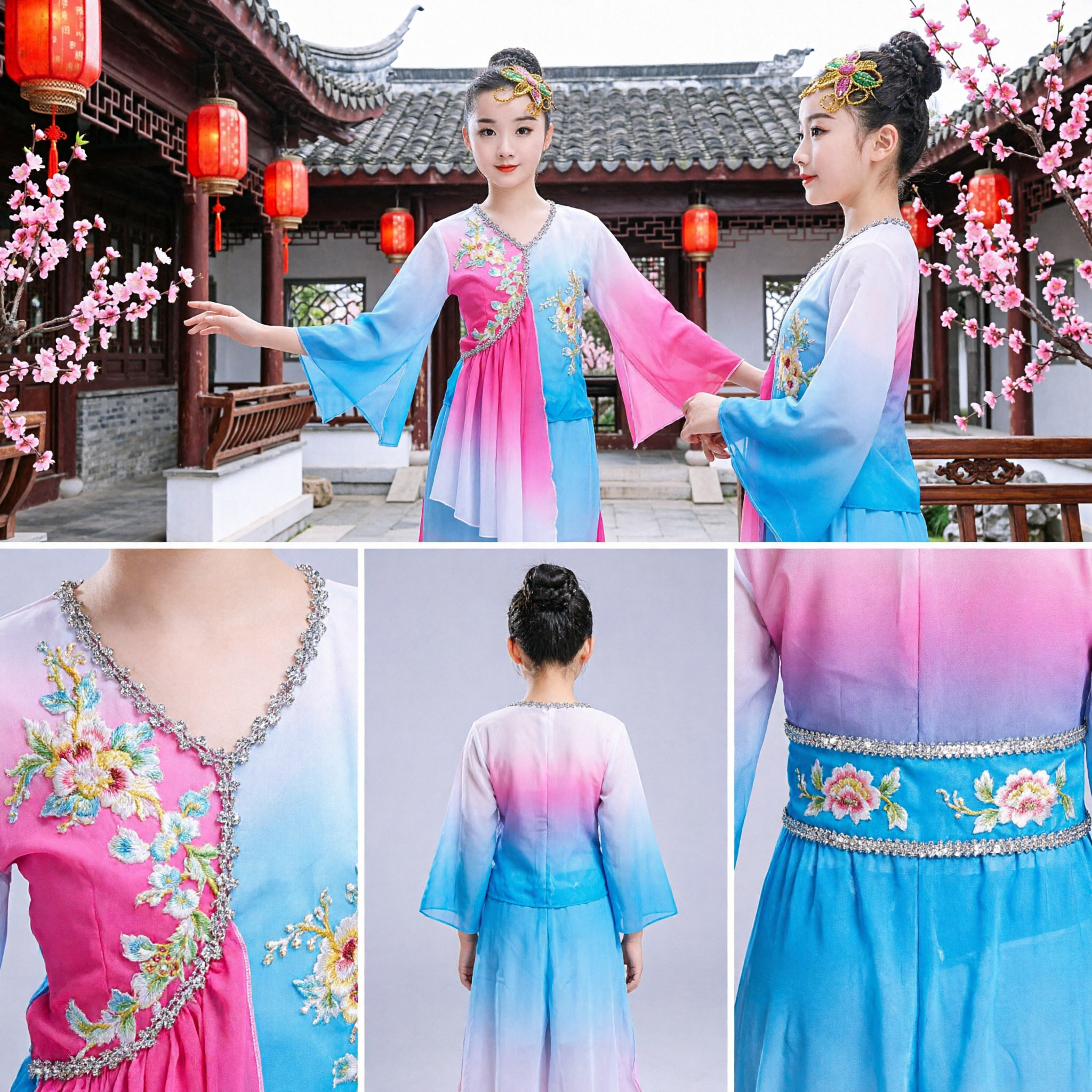 Girls Chinese Classical Dance Costume Kids Yangko Fan Dance Performance Outfit Gradient Embroidered Dress Set