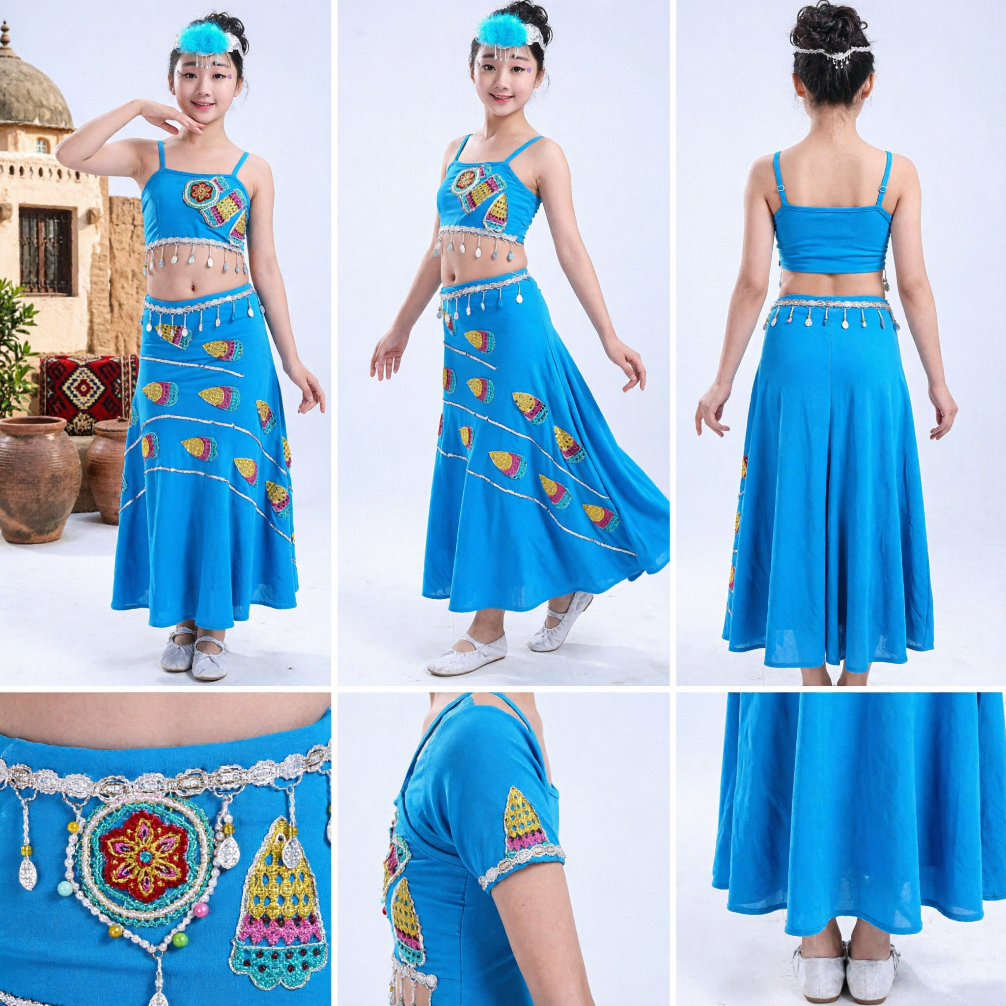 Chinese Dai Minority Peacock Dance Costume Blue Ethnic Folk Dress for Girls Kids Stage Performance
