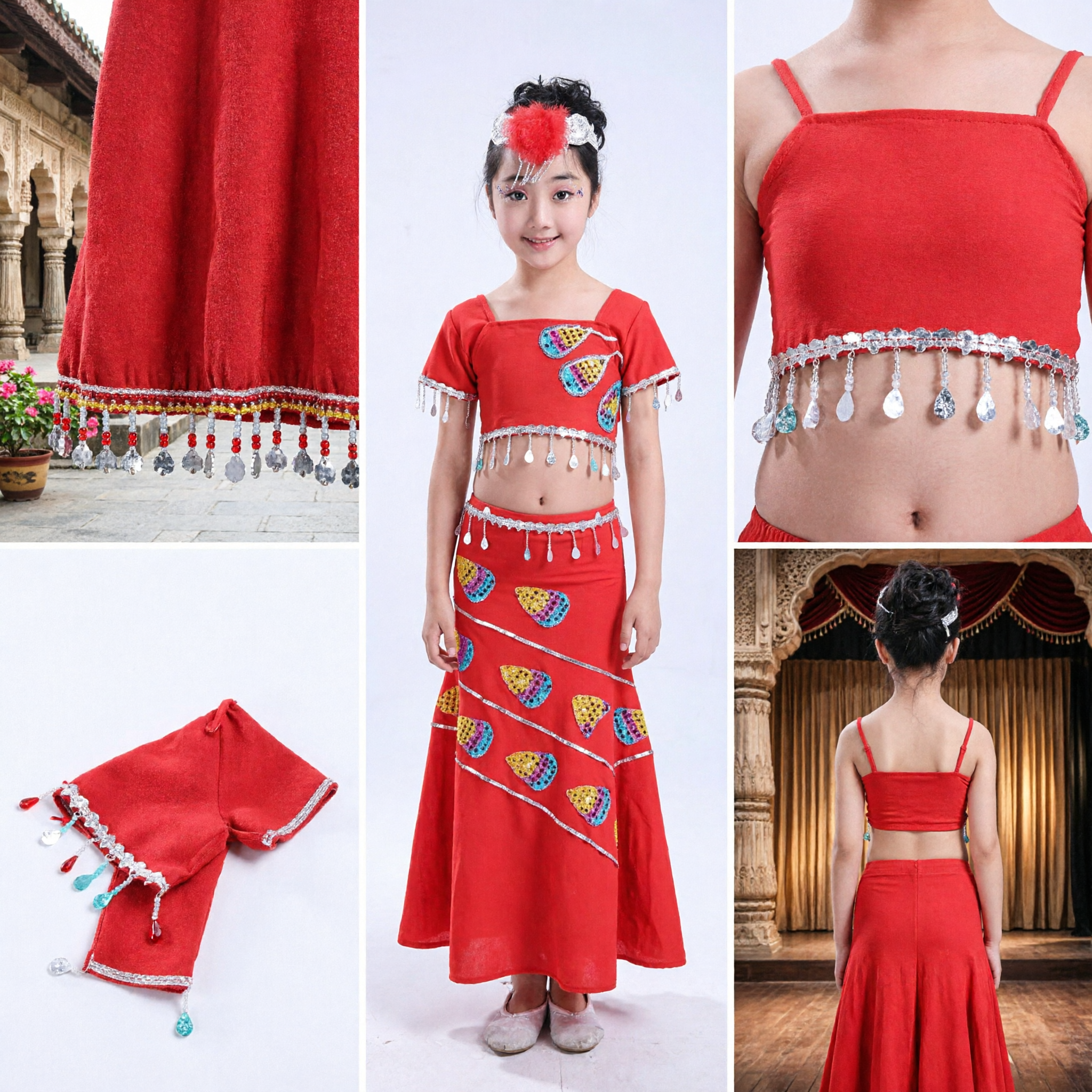 Kids Chinese Dai Ethnic Peacock Dance Costume Red Traditional Folk Stage Performance Dress for Girls