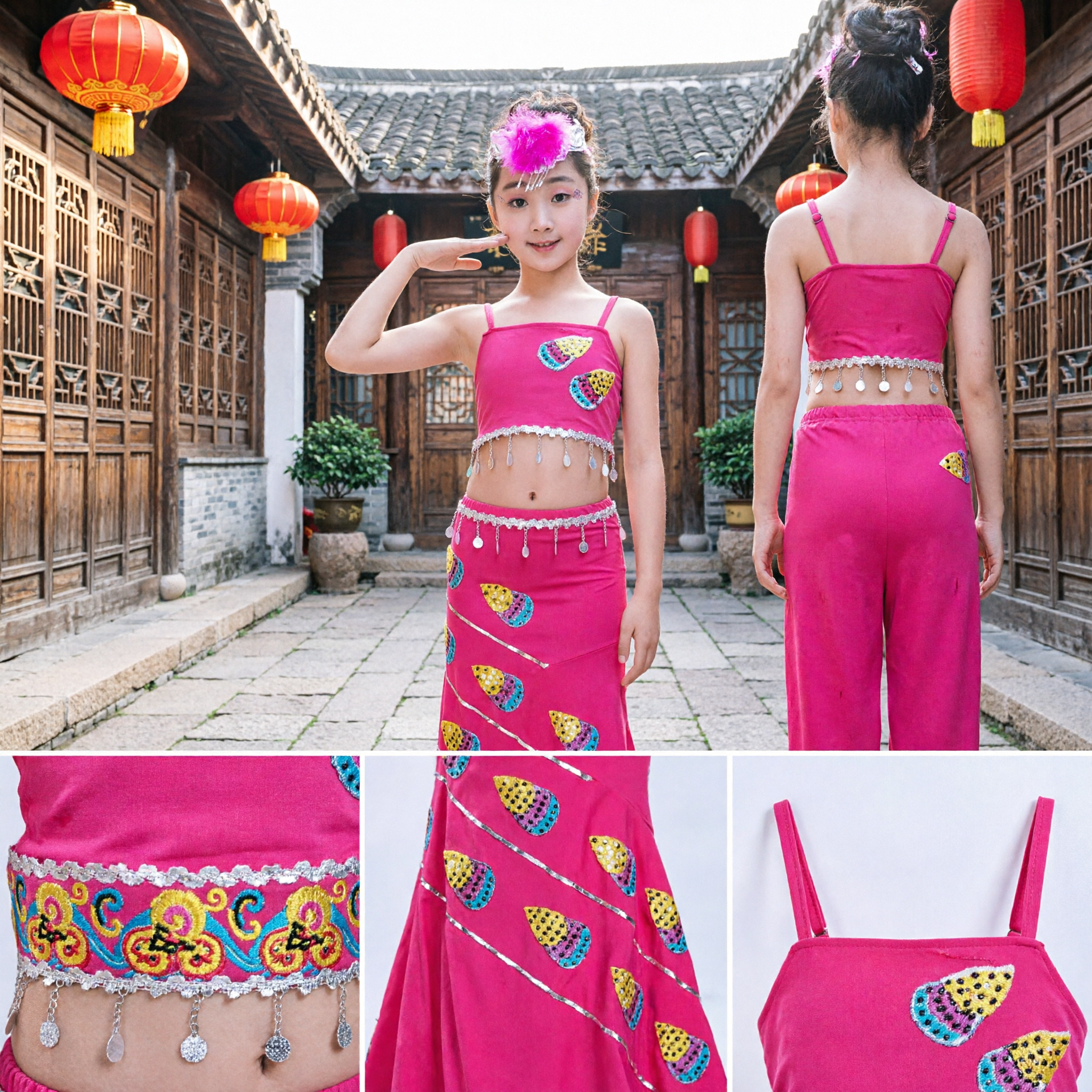 Kids Chinese Dai Ethnic Peacock Dance Costume Girls Traditional Folk Stage Performance Dress Pink Outfit