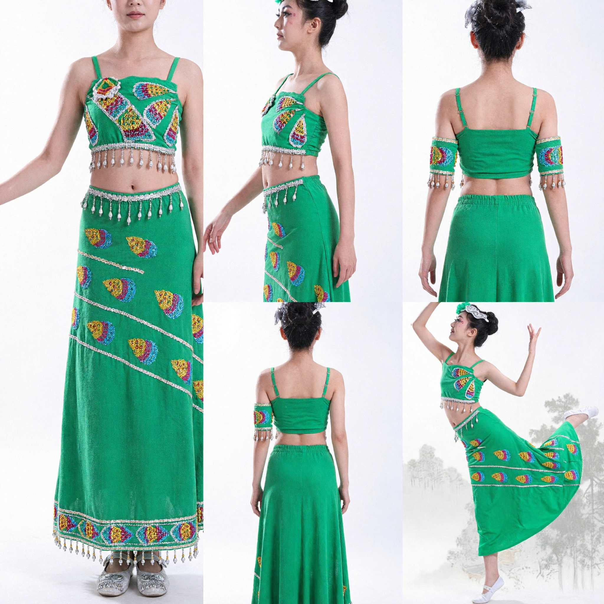 Green Dai Ethnic Peacock Dance Costume Traditional Chinese Folk Dress Women Stage Performance Outfit