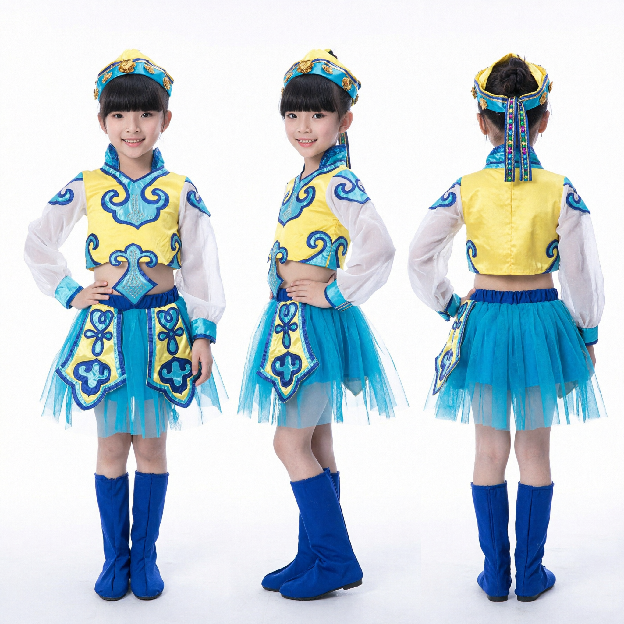 Kids Chinese Mongolian Folk Dance Costume Girls Traditional Ethnic Stage Performance Outfit Blue Yellow