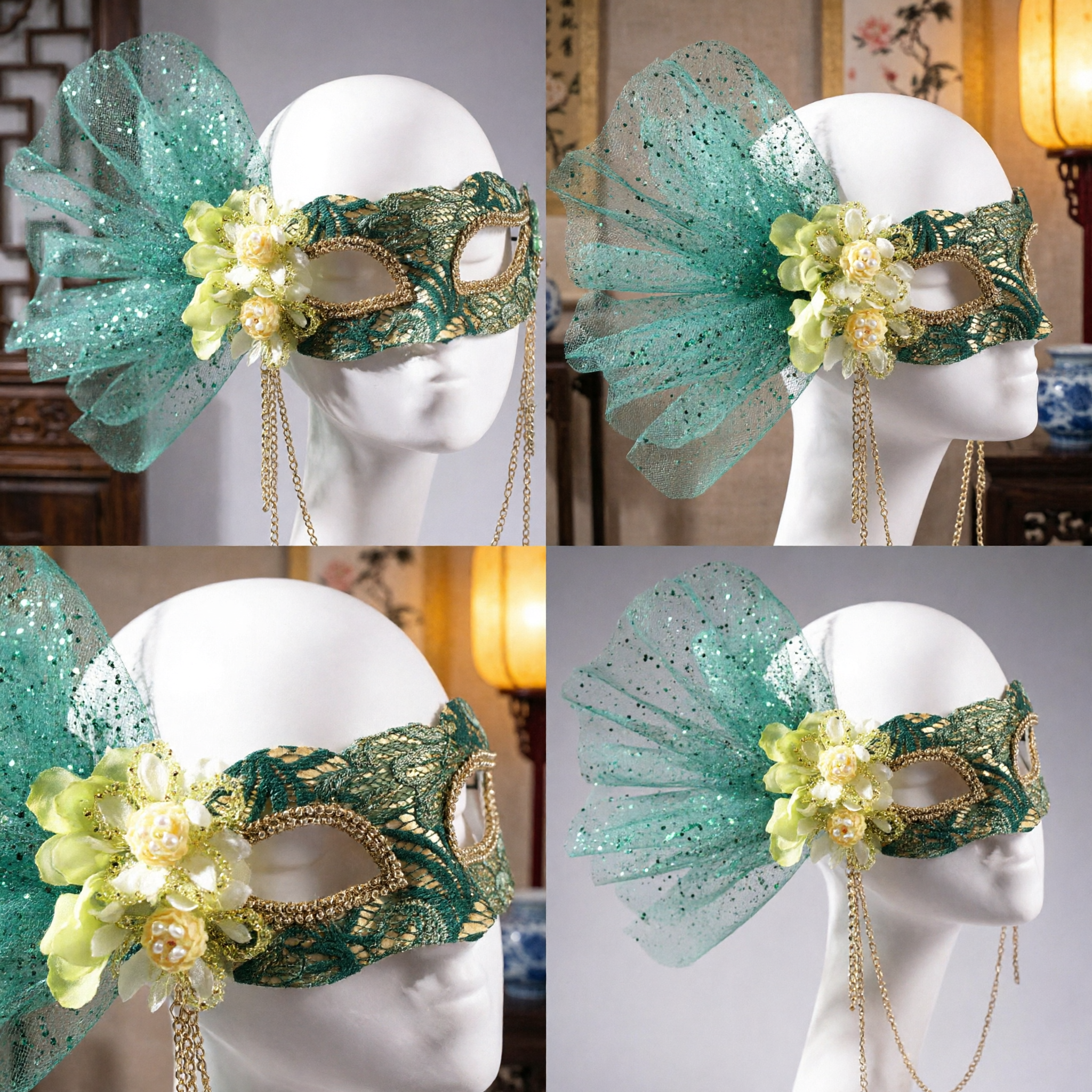 Elegant Green Lace Venetian Masquerade Mask with Flowers and Chains for Women Carnival Party