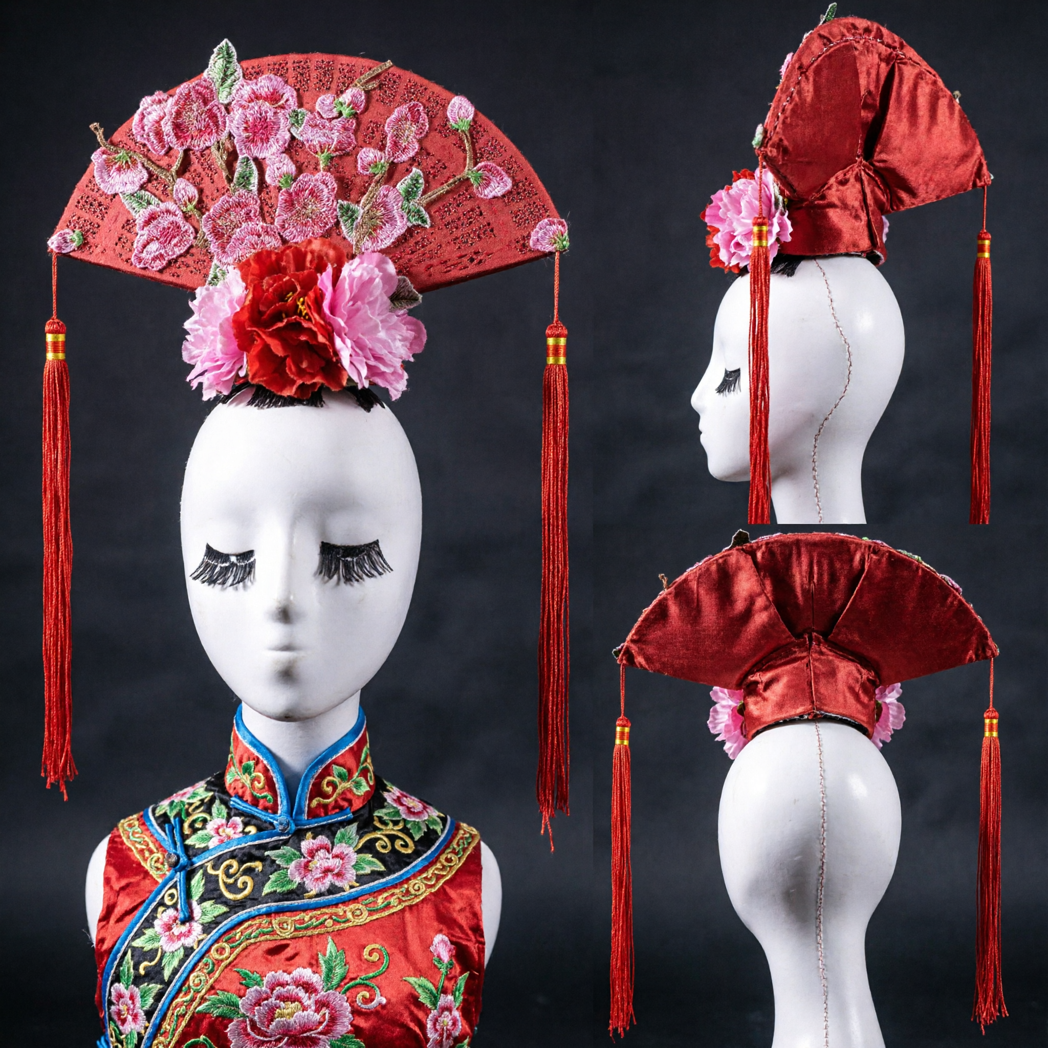 Traditional Chinese Qing Dynasty Manchu Fan Headdress with Floral Embroidery and Tassels for Hanfu Costume and Dance Performance