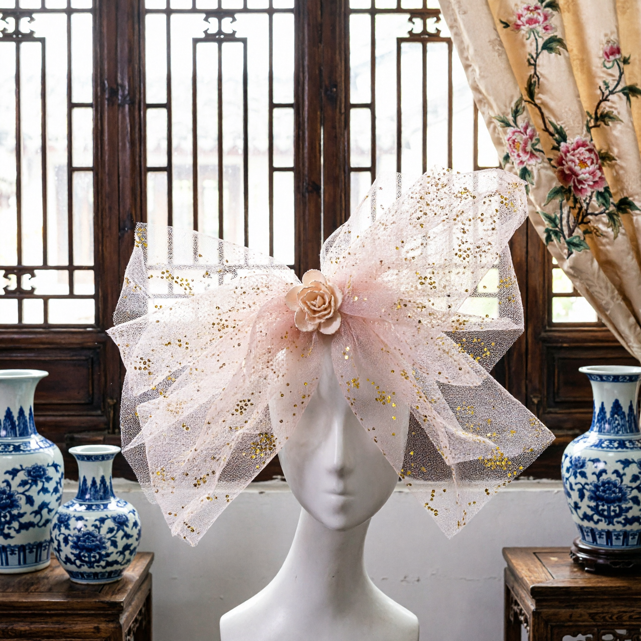 Large Sparkly Organza Bow Hair Accessory Elegant White Glitter Headpiece for Traditional Costume Wedding