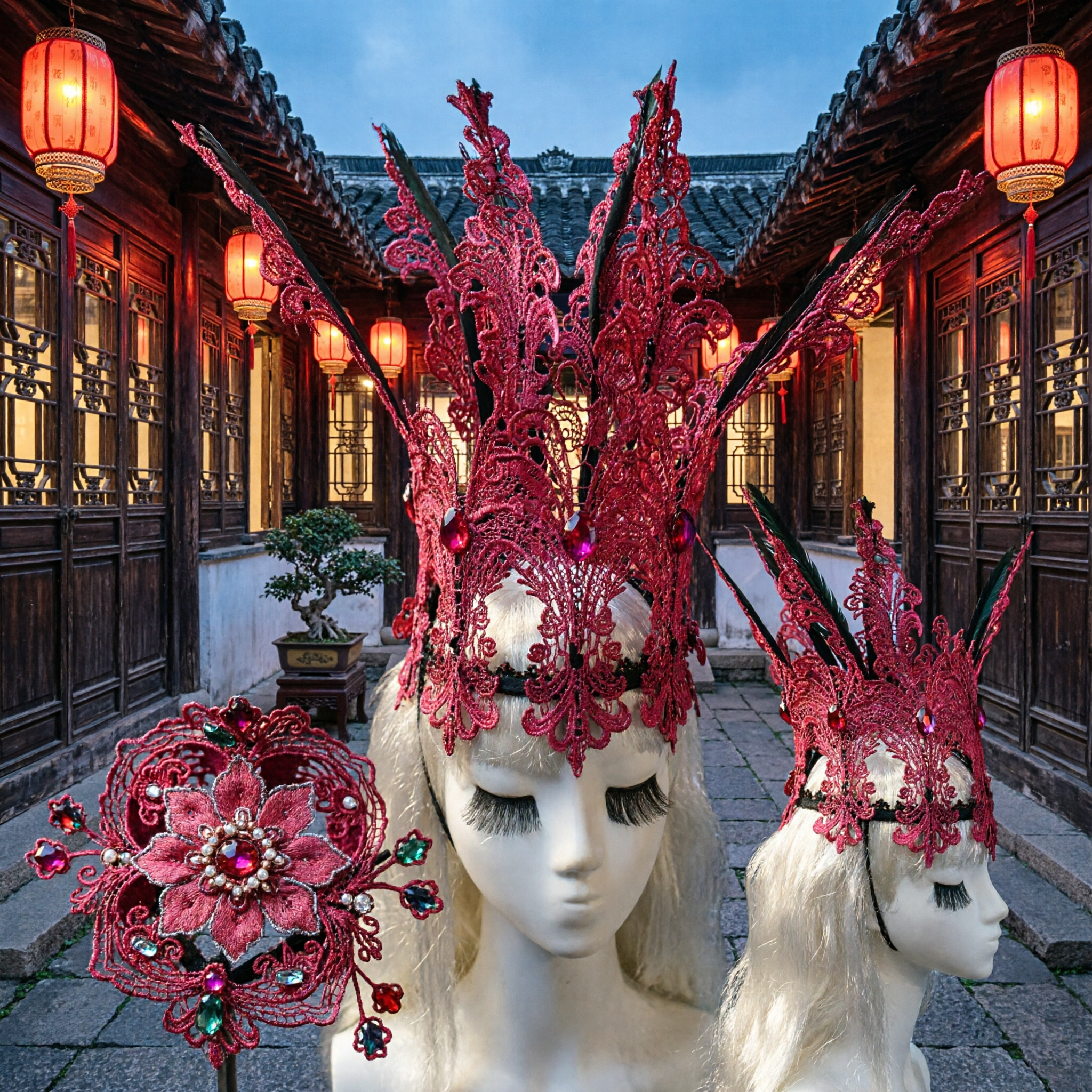 Burgundy Lace Feather Headdress Crown for Women's Carnival Masquerade Stage Performance Costume Accessory