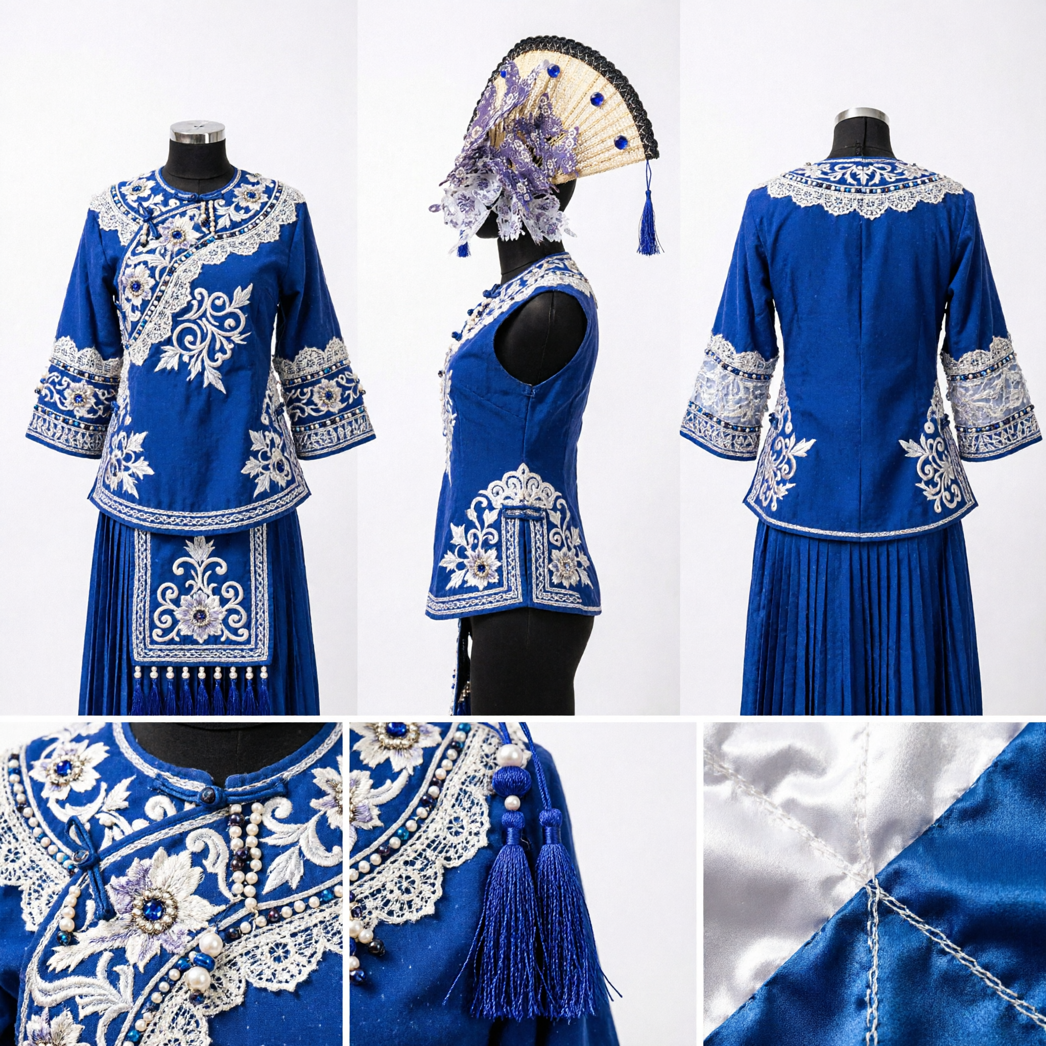 Exquisite Traditional Chinese Blue Lace Folding Fan with Floral Details and Tassels for Hanfu Dance Performances