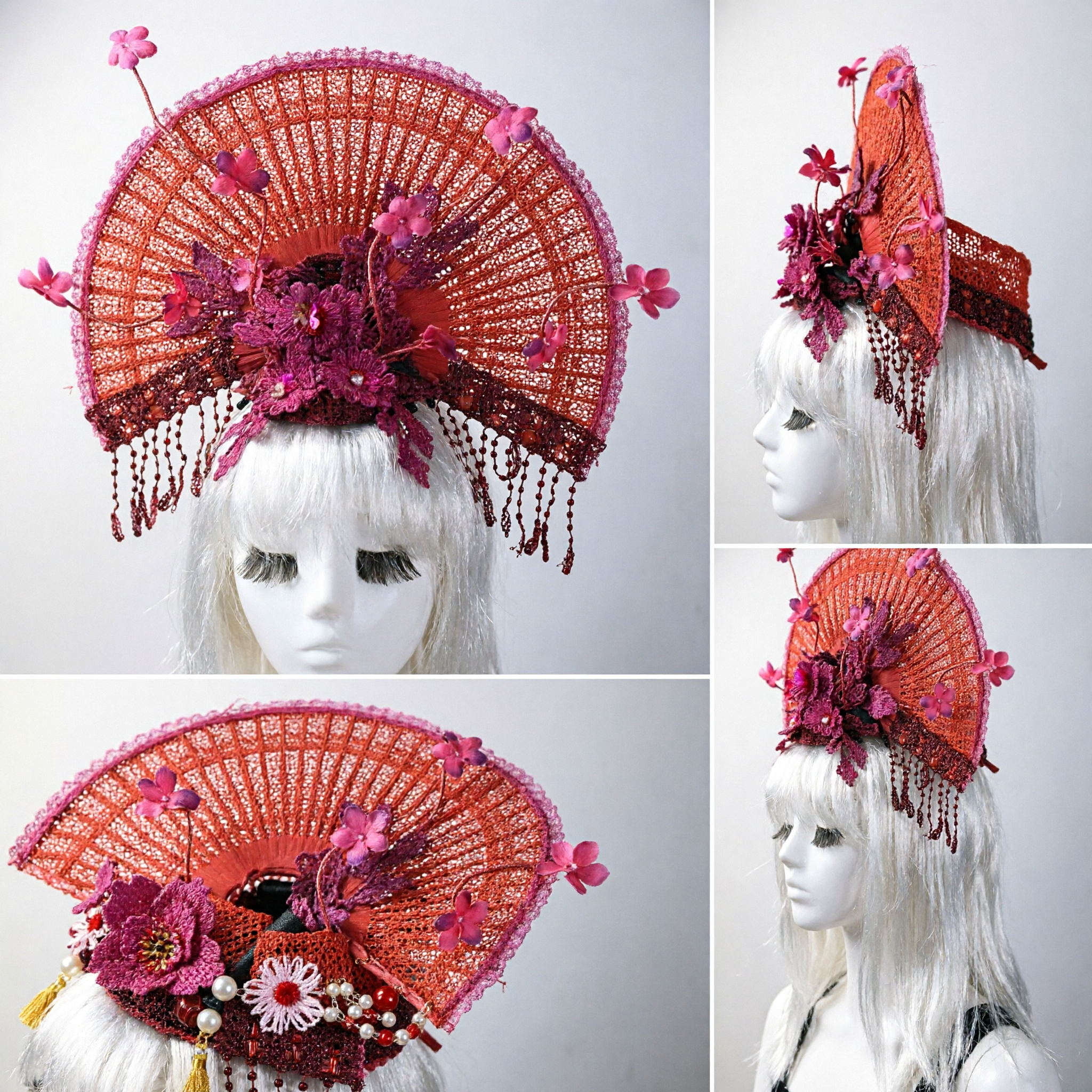 Exquisite Traditional Chinese Red Lace Fan Headdress with Floral Accents for Opera and Wedding Performances