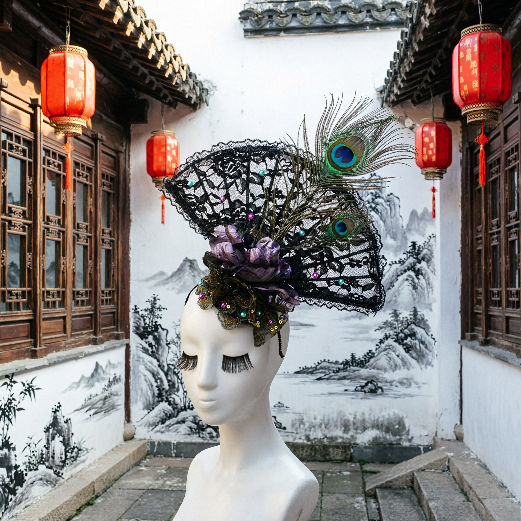 Elegant Black Lace Fan Fascinator with Peacock Feather and Purple Roses for Victorian Masquerade Party